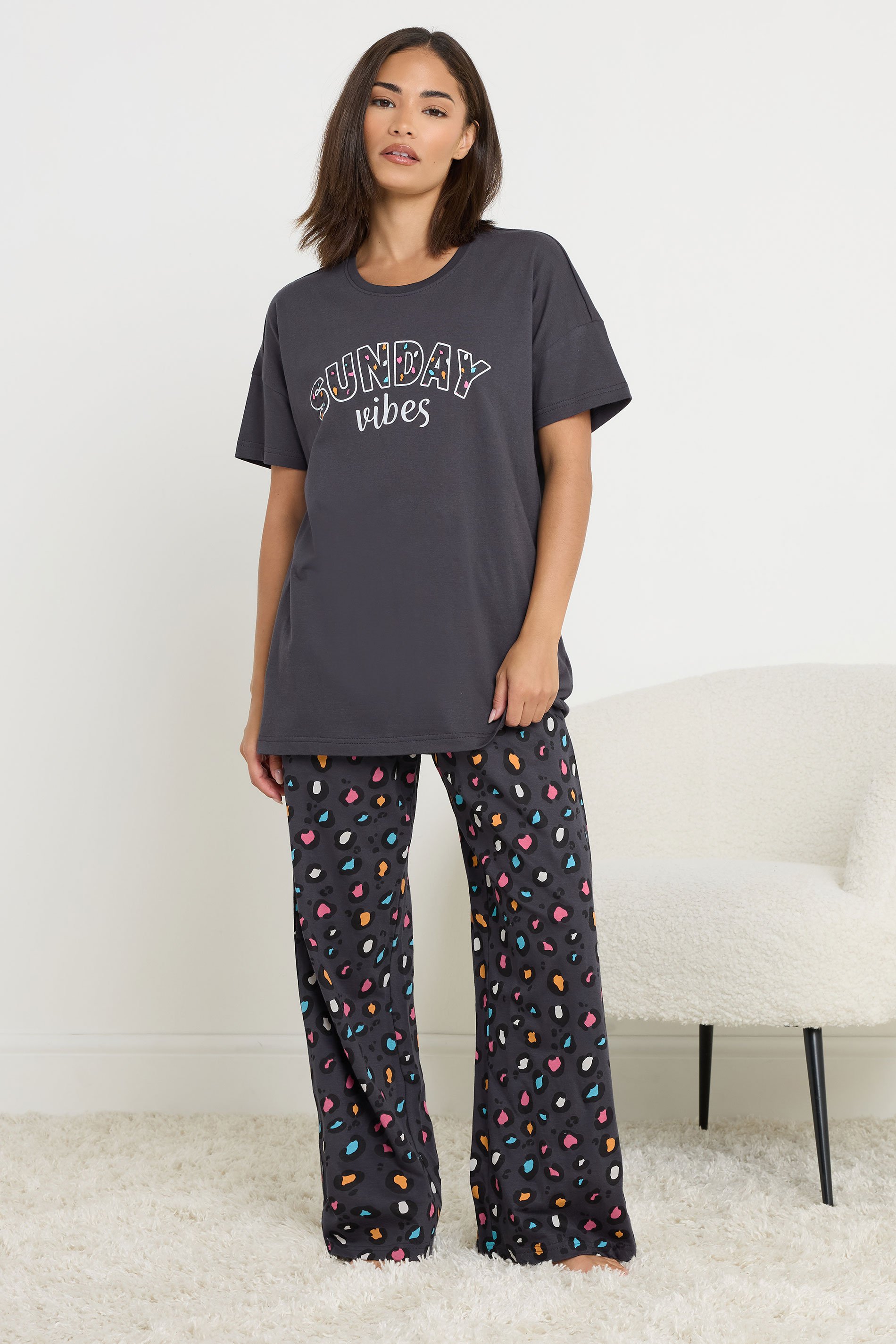 PixieGirl Petite Women's Navy Blue Sunday Vibes Slogan Pyjama Set | PixieGirl 1