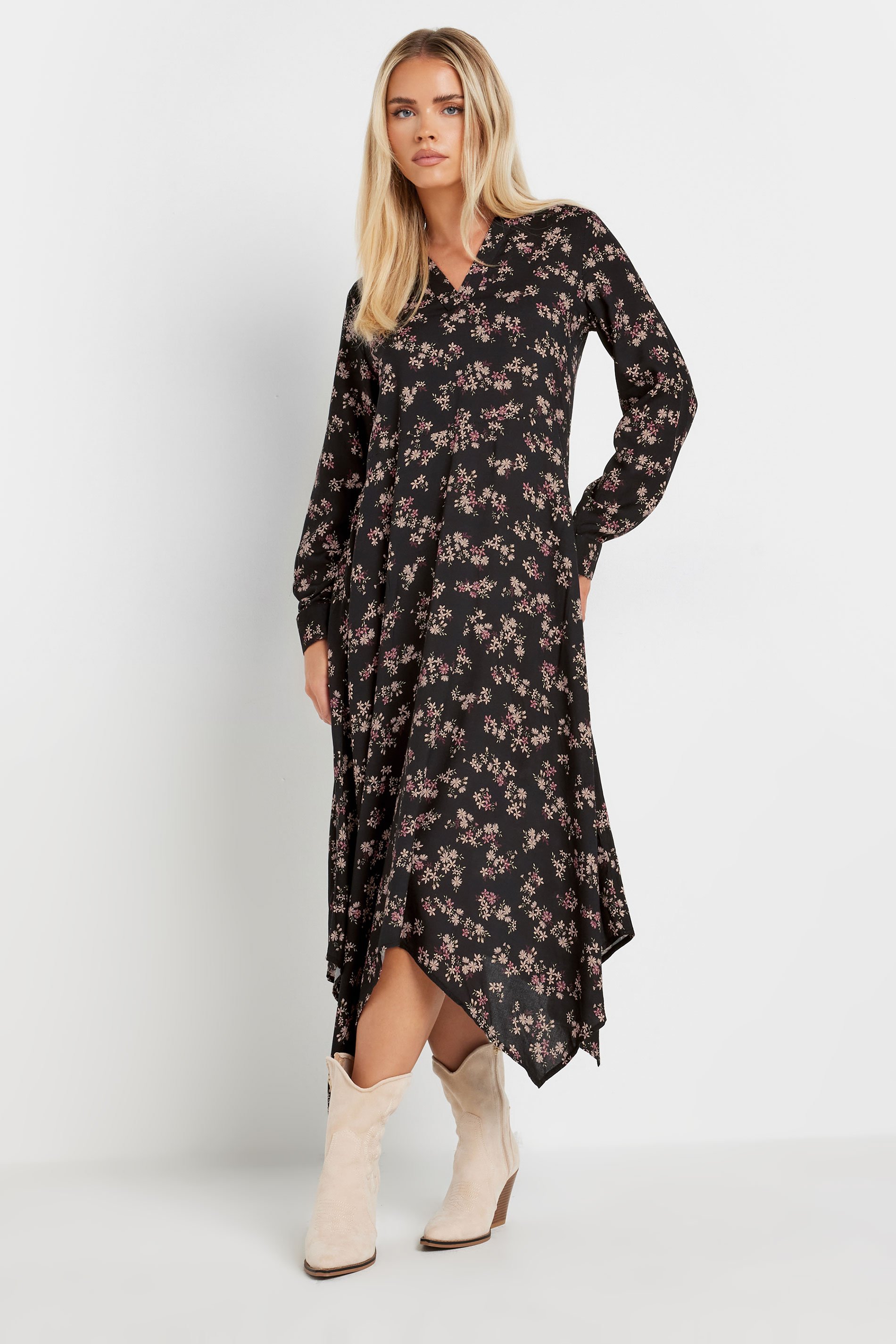 PixieGirl Petite Women's Black Ditsy Floral Hanky Hem Midaxi Dress | PixieGirl 2