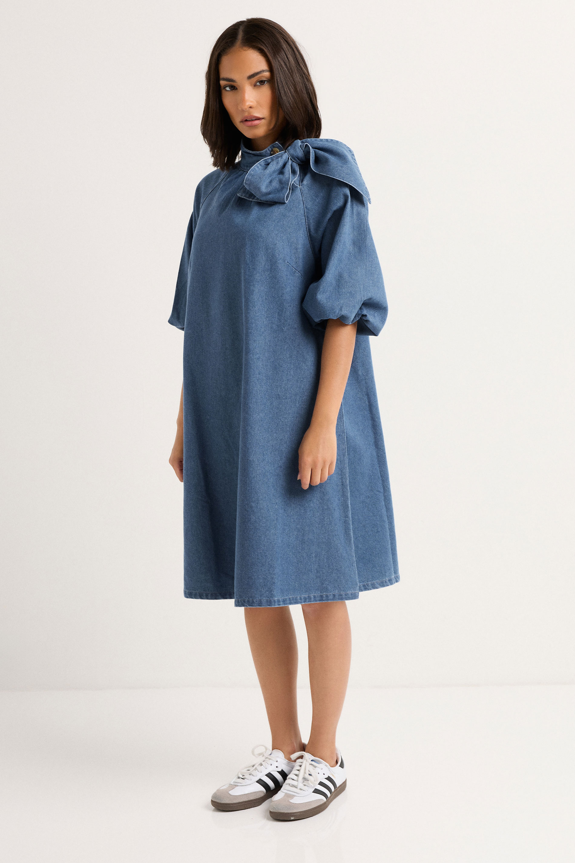 PixieGirl Petite Women's Blue Denim Tie Neck Dress | PixieGirl 3