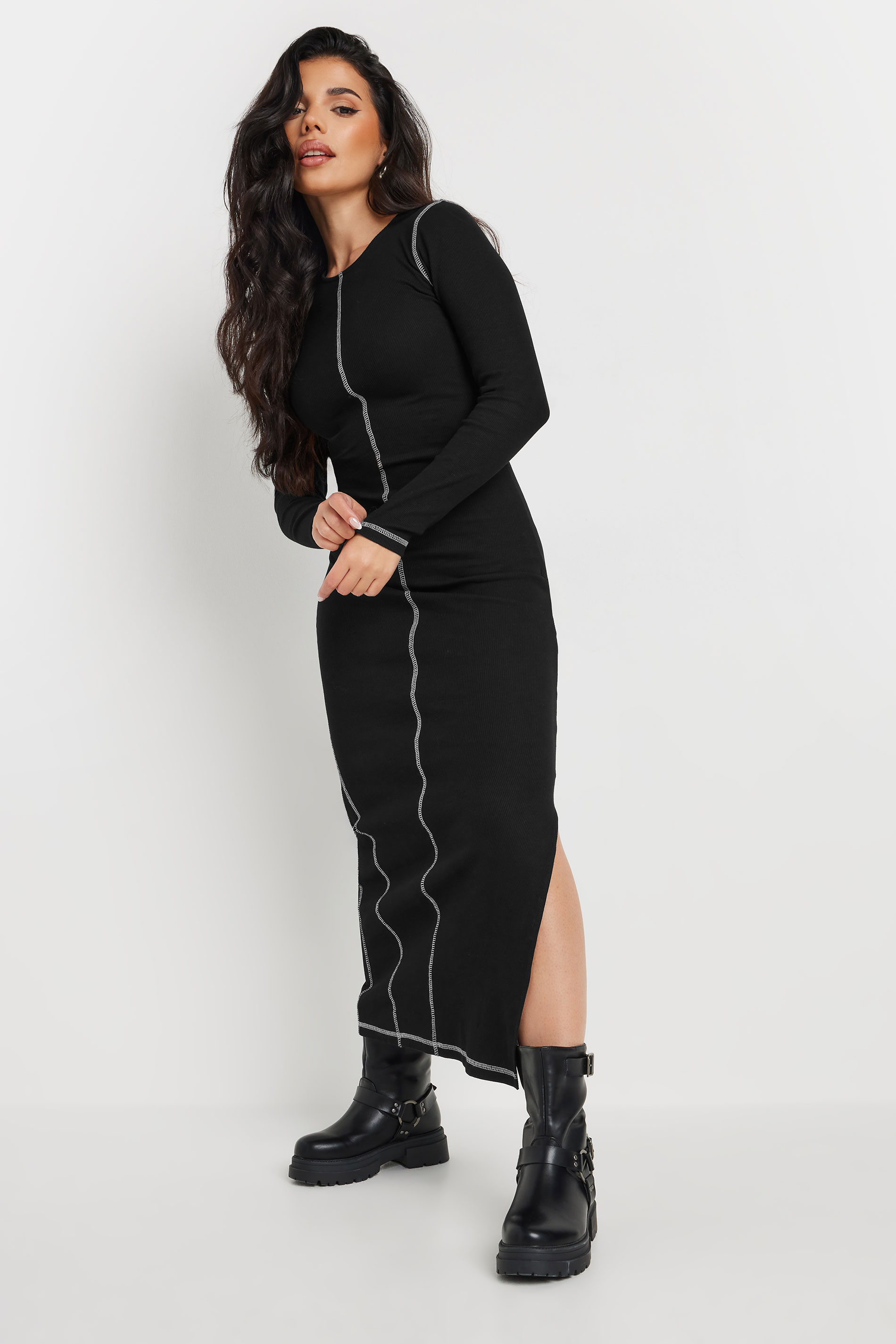 PixieGirl Petite Women's Black Contrast Stitch Maxi Dress | PixieGirl 3