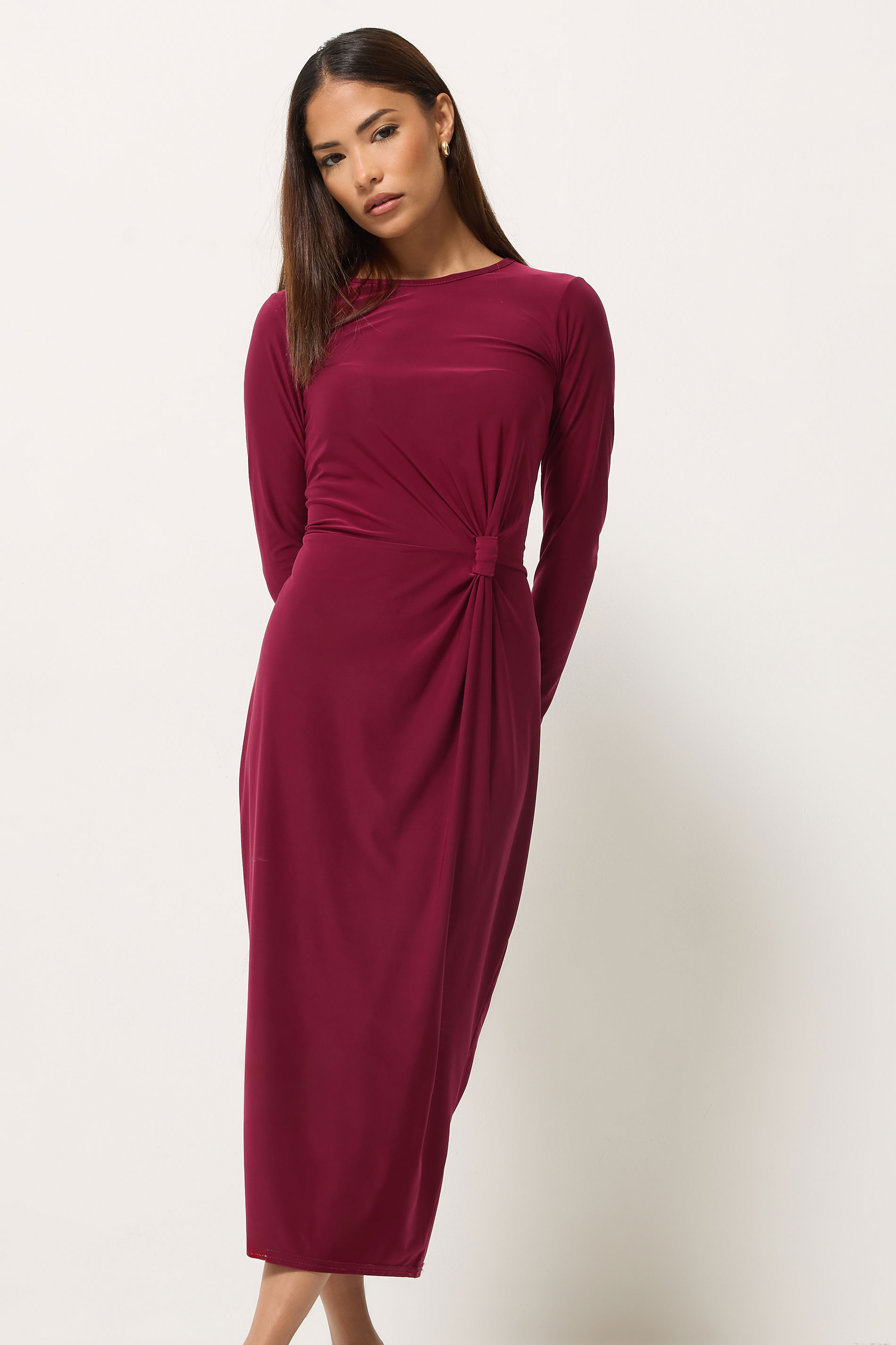 Pixiegirl Women's Red Petite Burgundy Knot Front Midi Dress Size 14