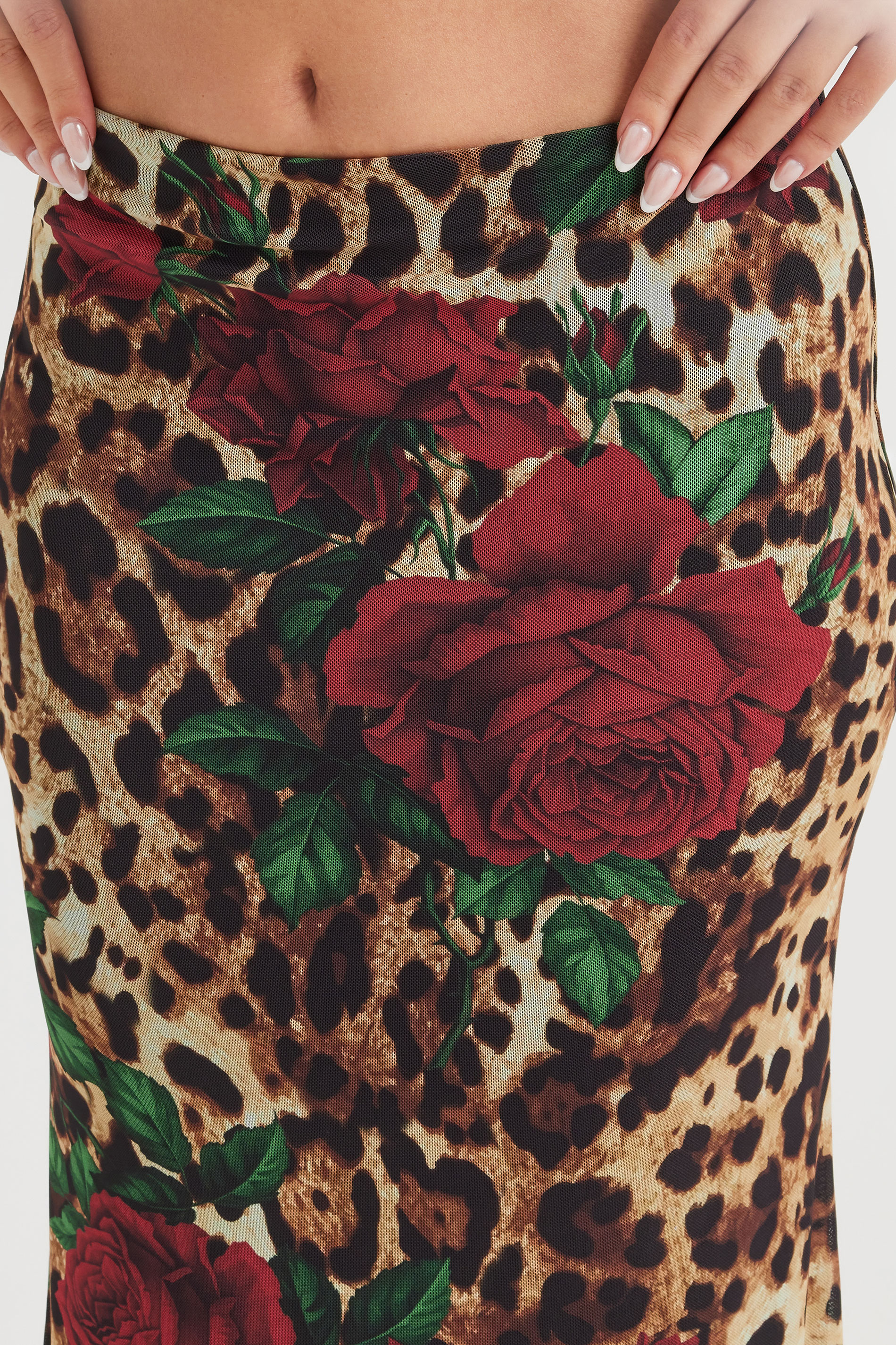 PixieGirl Petite Women's Beige Brown Leopard Print Rose Mesh Skirt | PixieGirl 4