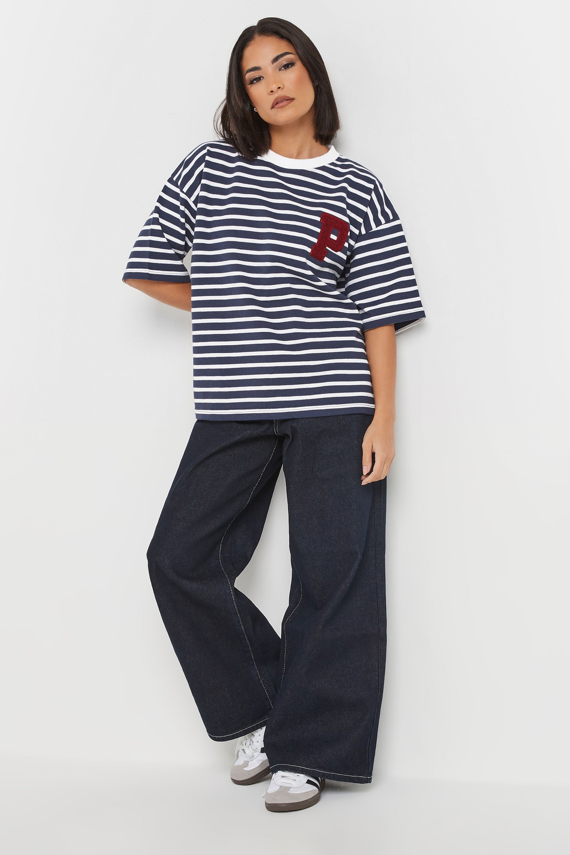 PixieGirl Petite Women's Navy Blue Stripe Applique Initial Sweatshirt | PixieGirl 2