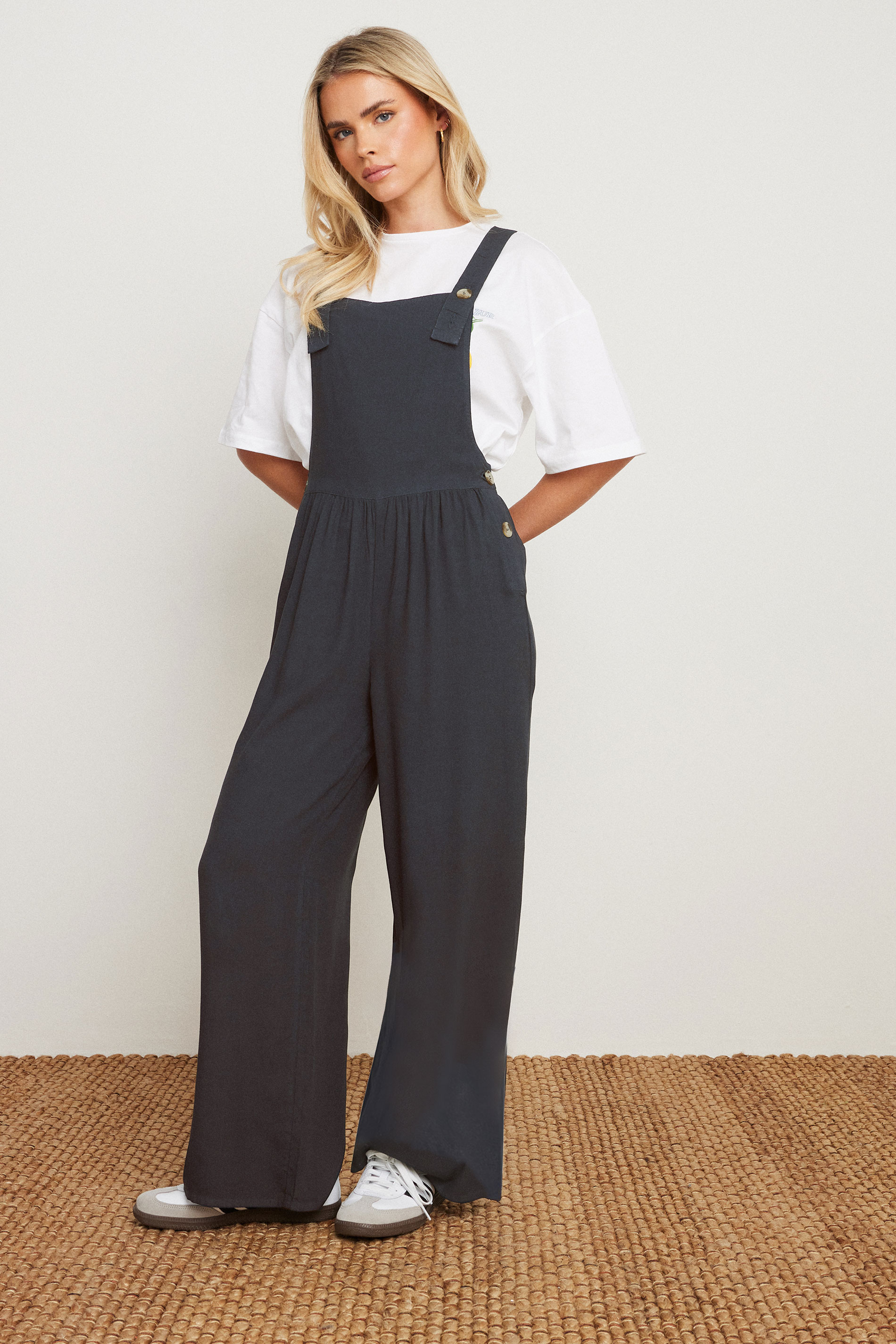 PixieGirl Petite Women's Black Acid Wash Wide Leg Dungarees | PixieGirl 2