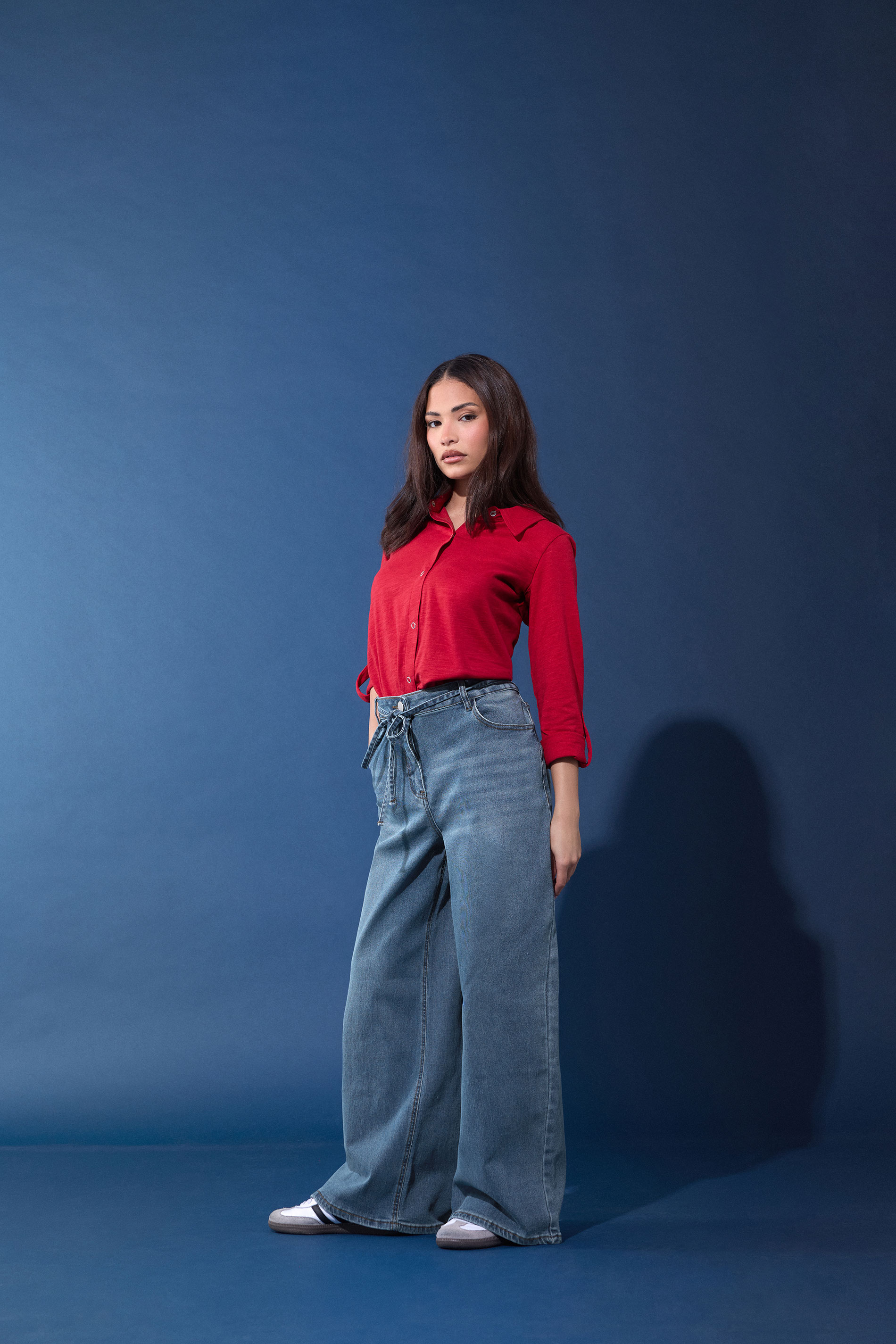 Pixiegirl Women's Blue Petite Mid Wash Belt Tie Cotton Wide Leg Jeans Size Petite > 18