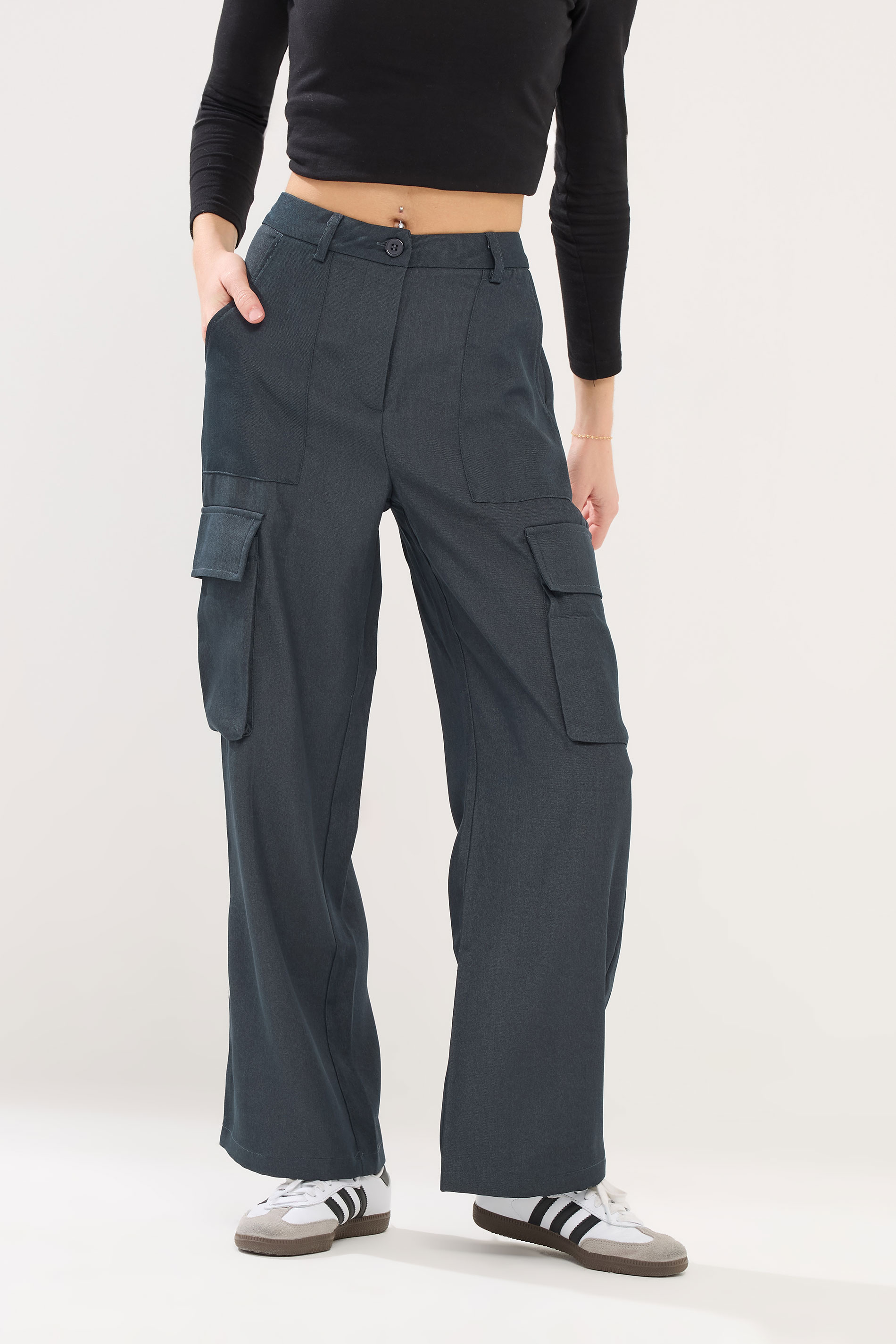PixieGirl Petite Women's Navy Blue Utility Style Wide Leg Trousers | PixieGirl 2