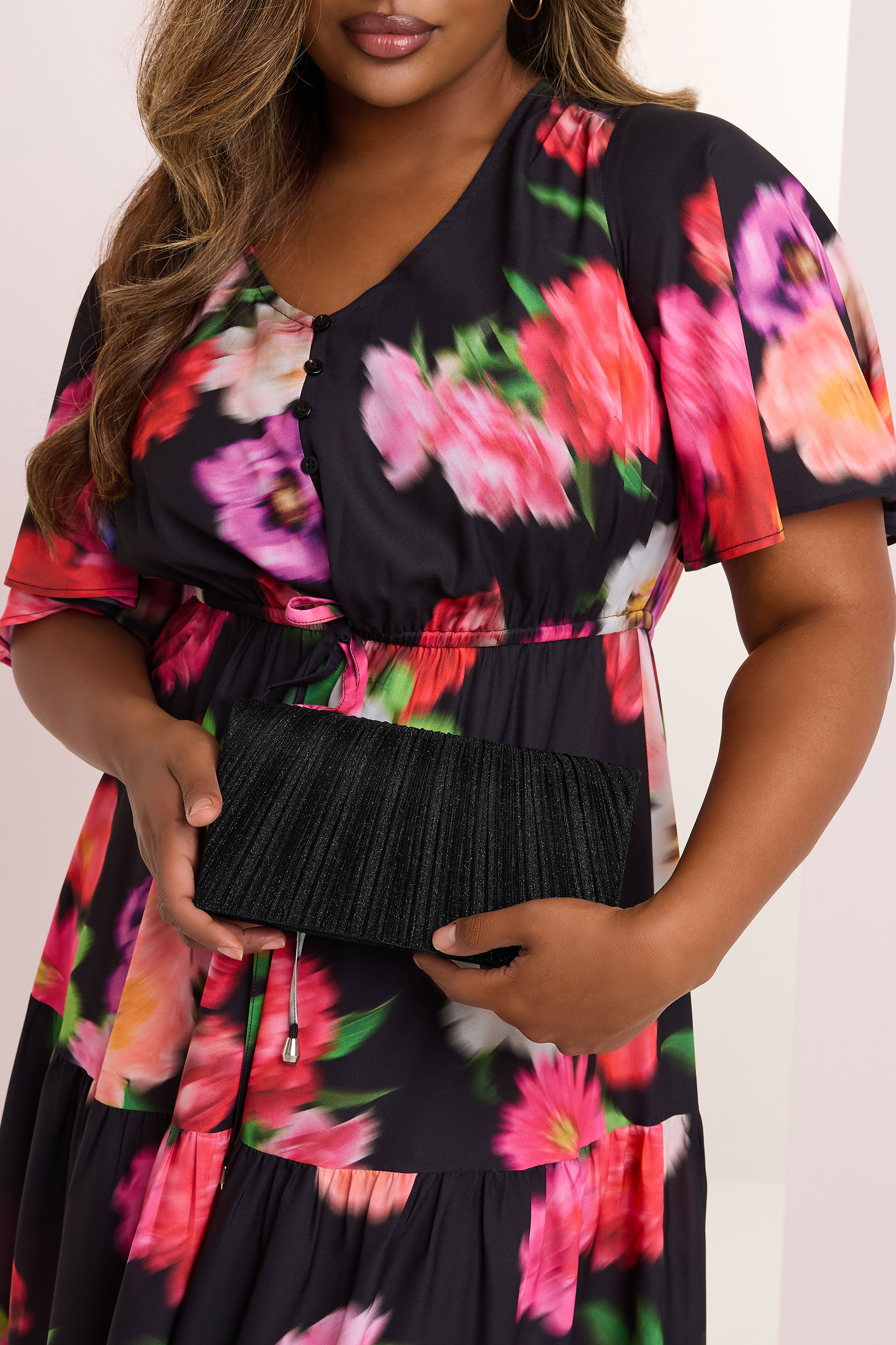 Black Shimmer Pleated Clutch Bag | Yours Clothing 1