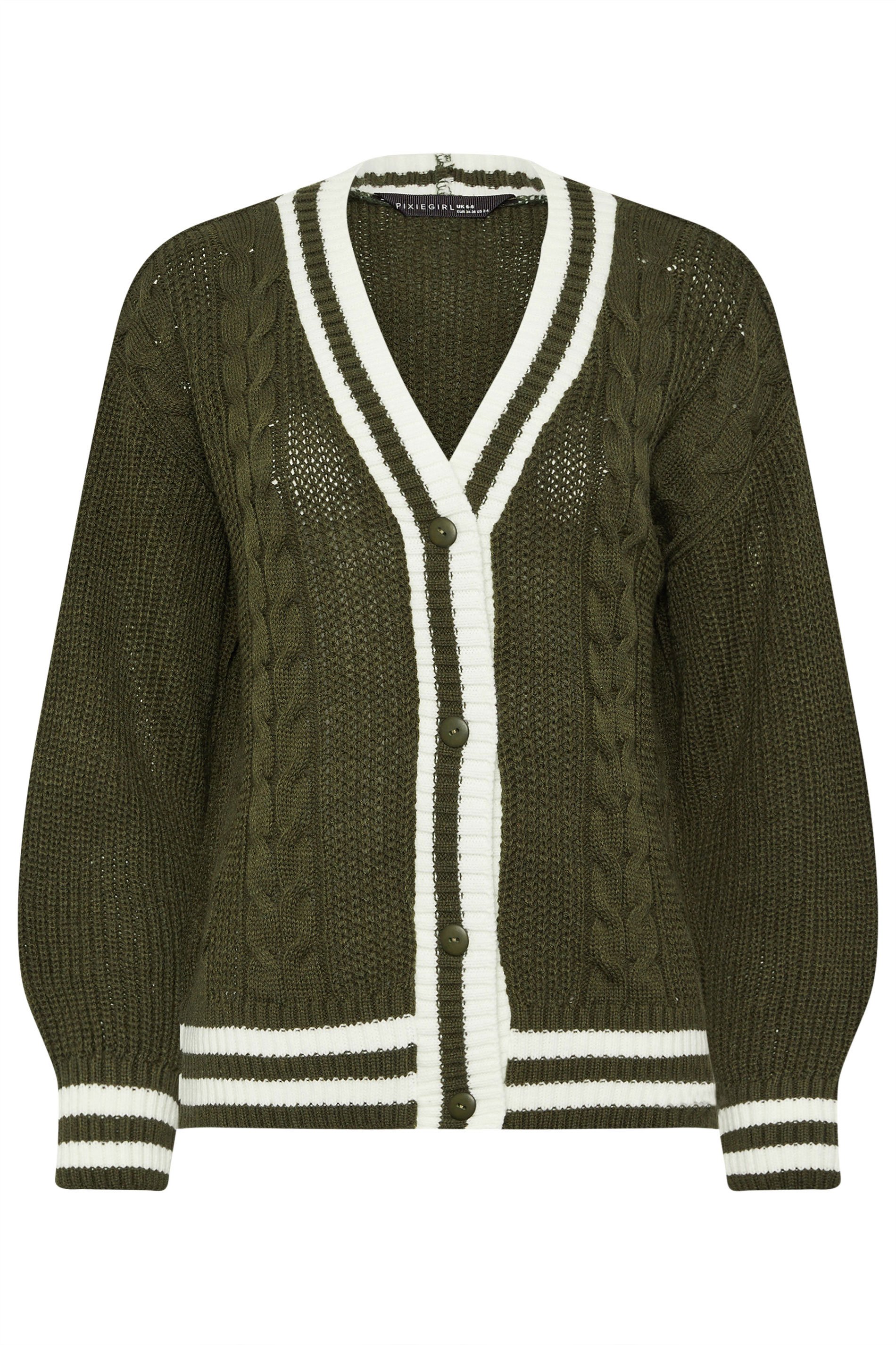 PixieGirl Petite Women's Khaki Green Contrast Cable Knit Cardigan | PixieGirl 5