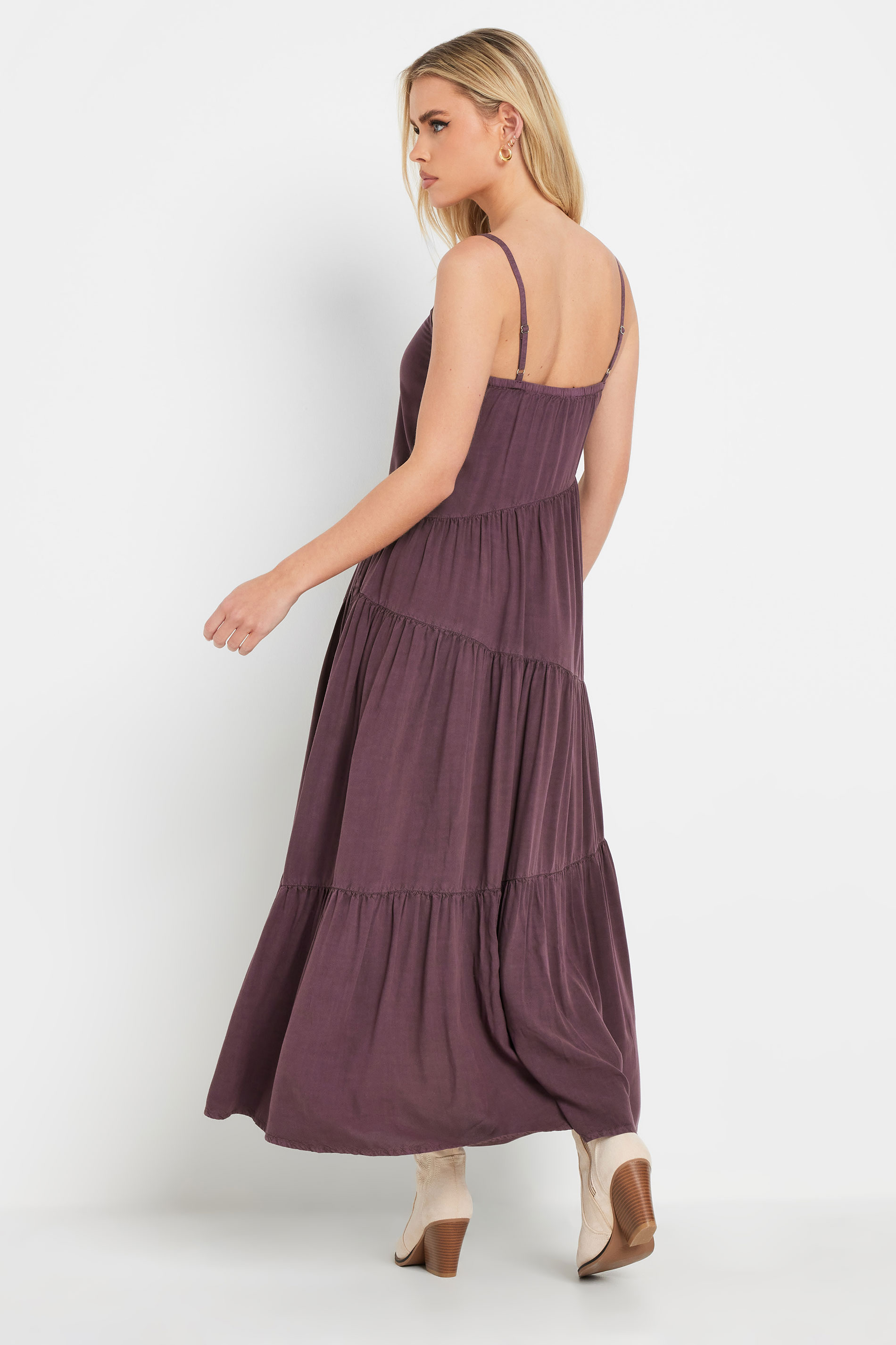 PixieGirl Petite Women's Burgundy Red Acid Wash Asymmetric Tiered Maxi Dress | PixieGirl 4