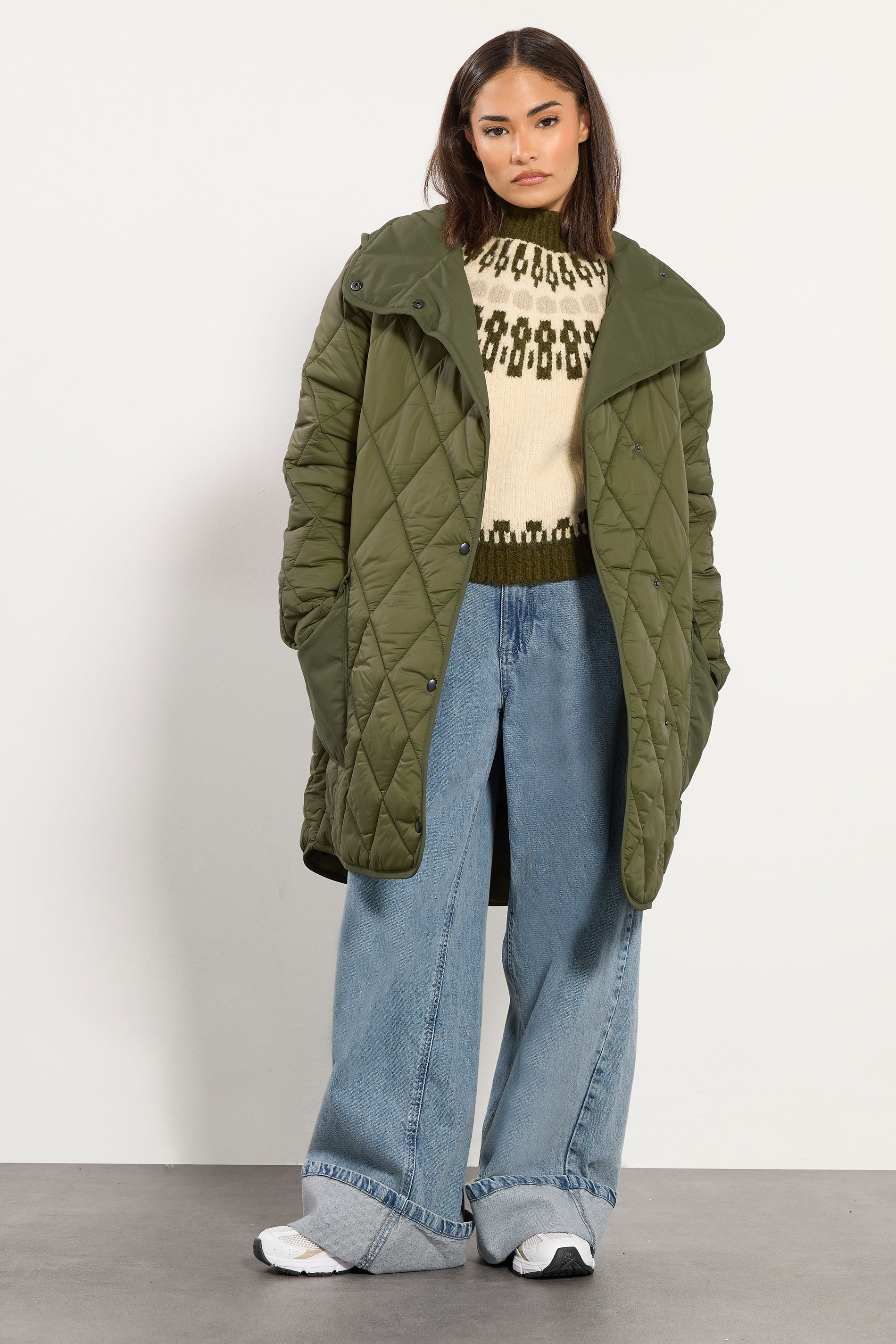 PixieGirl Petite Women's Khaki Green Funnel Neck Quilted Coat | PixieGirl 2