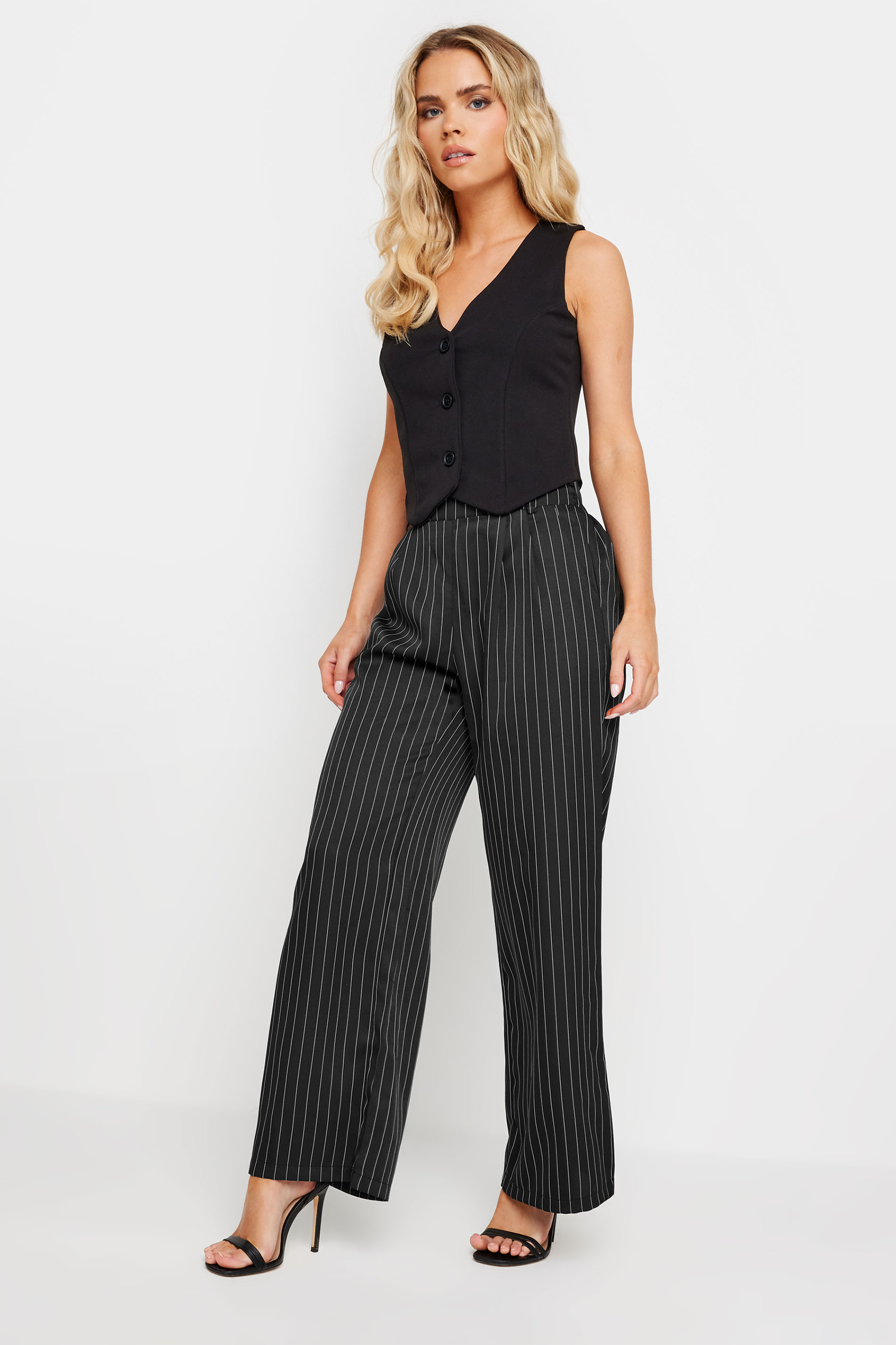 PixieGirl Petite Womens Black Pinstripe Print Wide Leg Trousers | PixieGirl 1