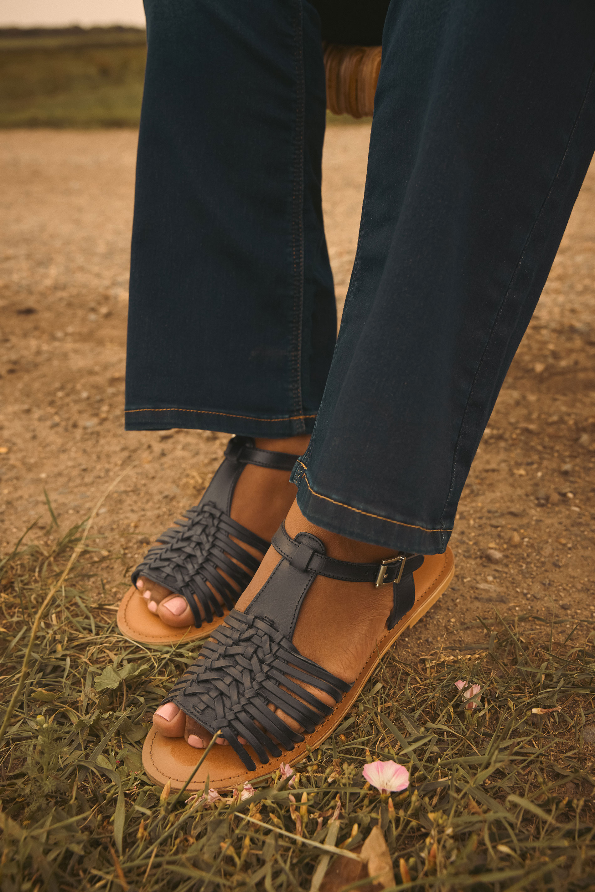 Black Leather Woven Fisherman Sandals In Extra Wide EEE Fit | Yours Clothing 1