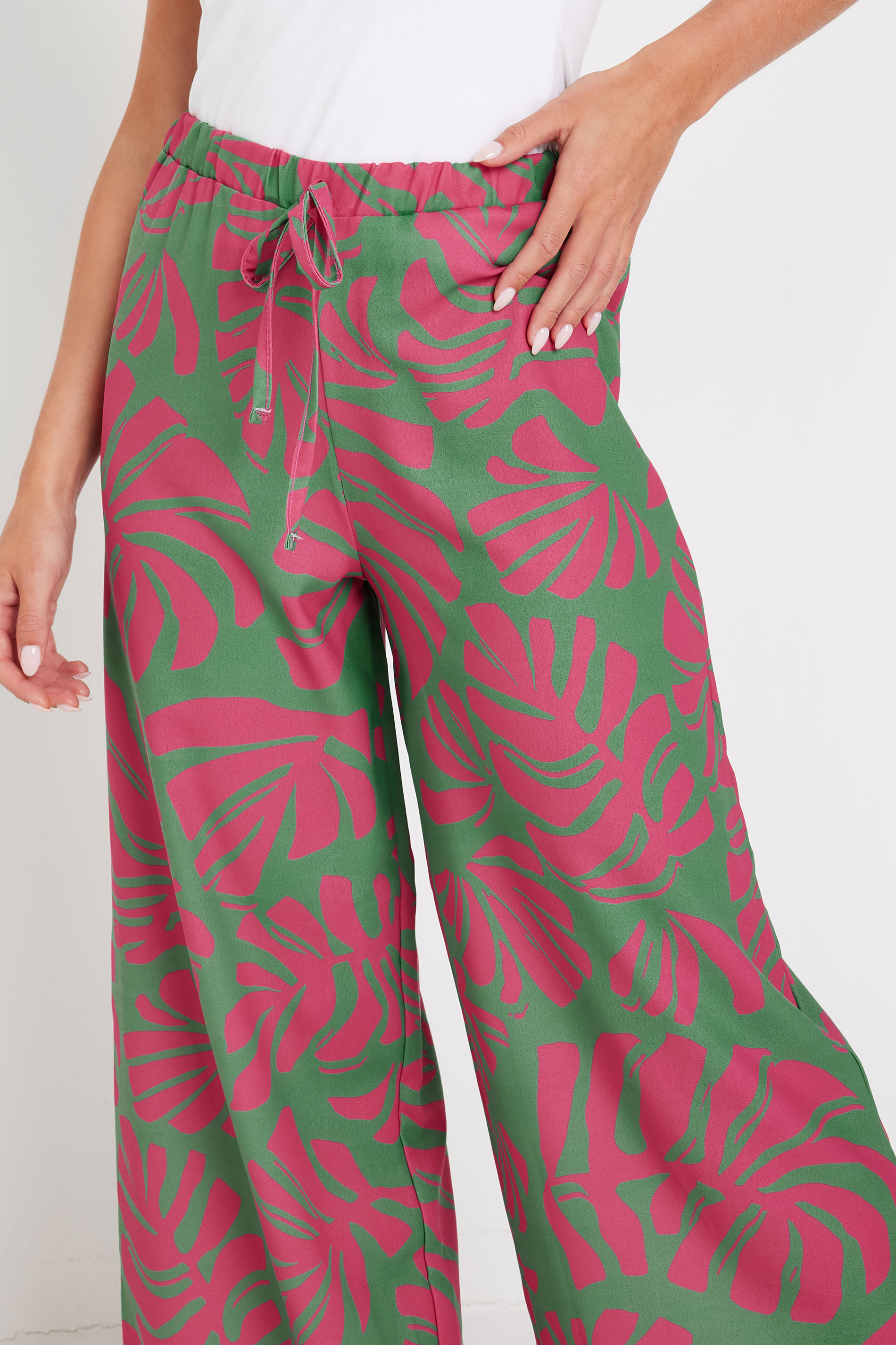 PixieGirl Green Leaf Print Wide Leg Trousers | PixieGirl 4