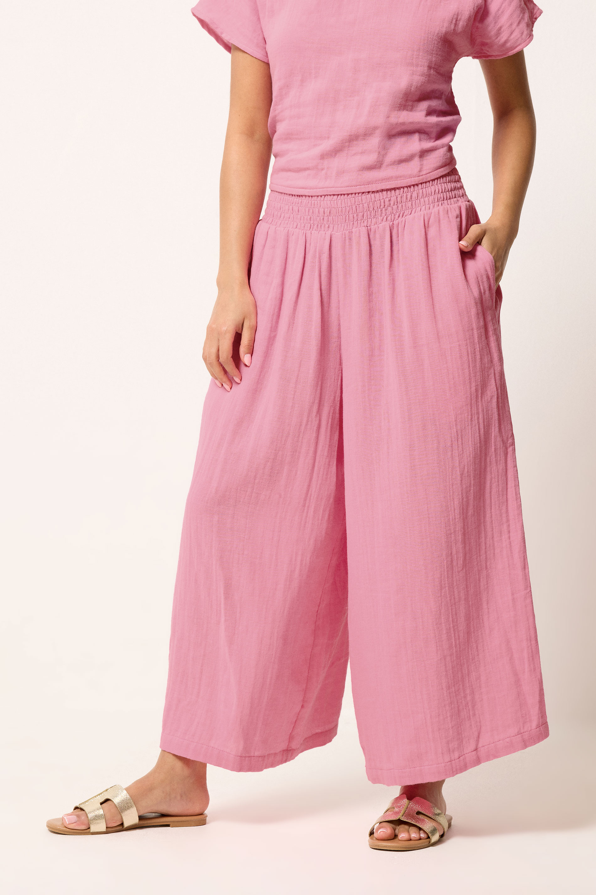 PixieGirl Petite Women's Pink Cotton Cheesecloth Cropped Wide Leg Trousers | PixieGirl 2