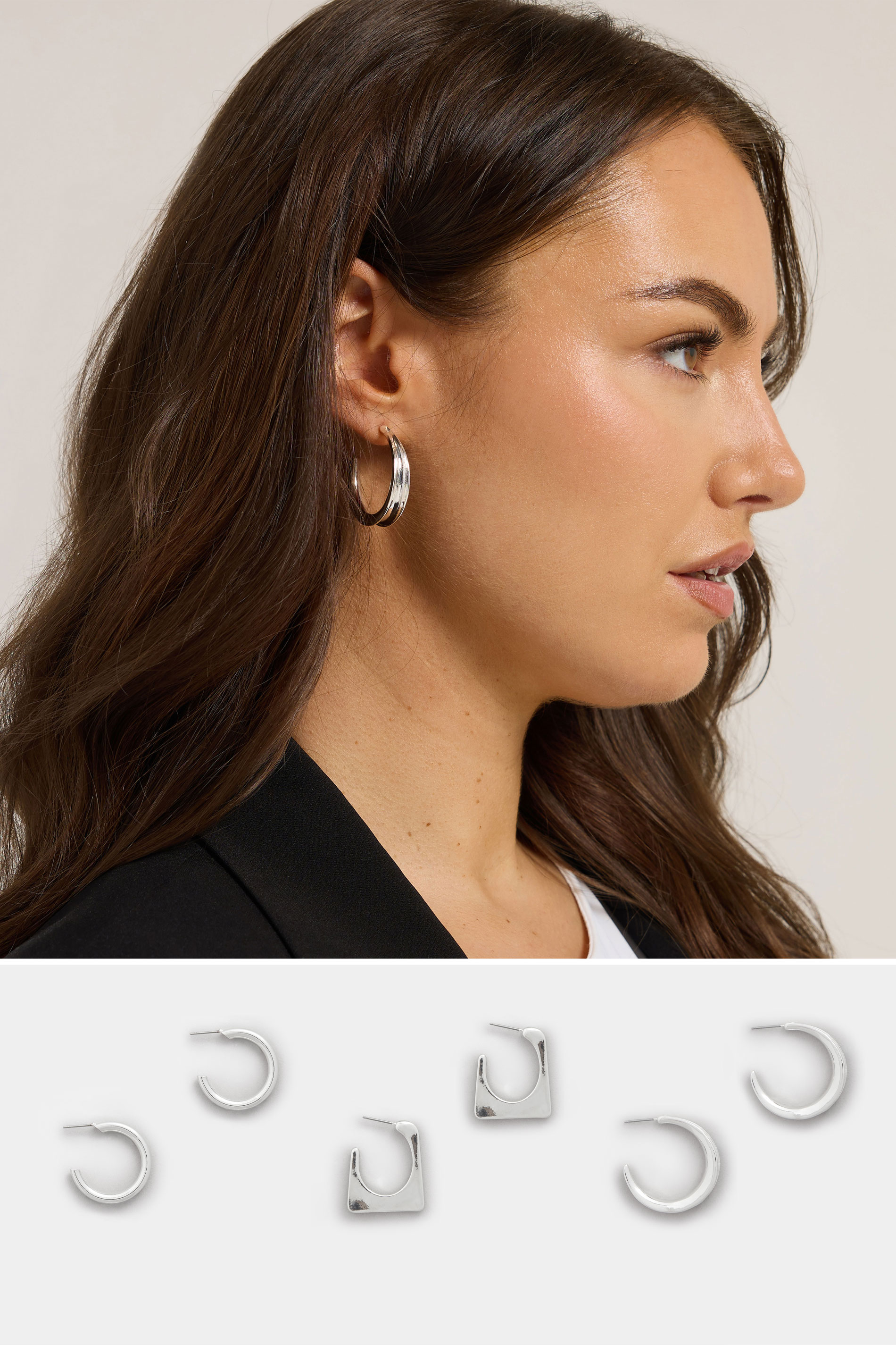 3 PACK Silver Tone Mixed Hoop Earring Set | Yours Clothing 1