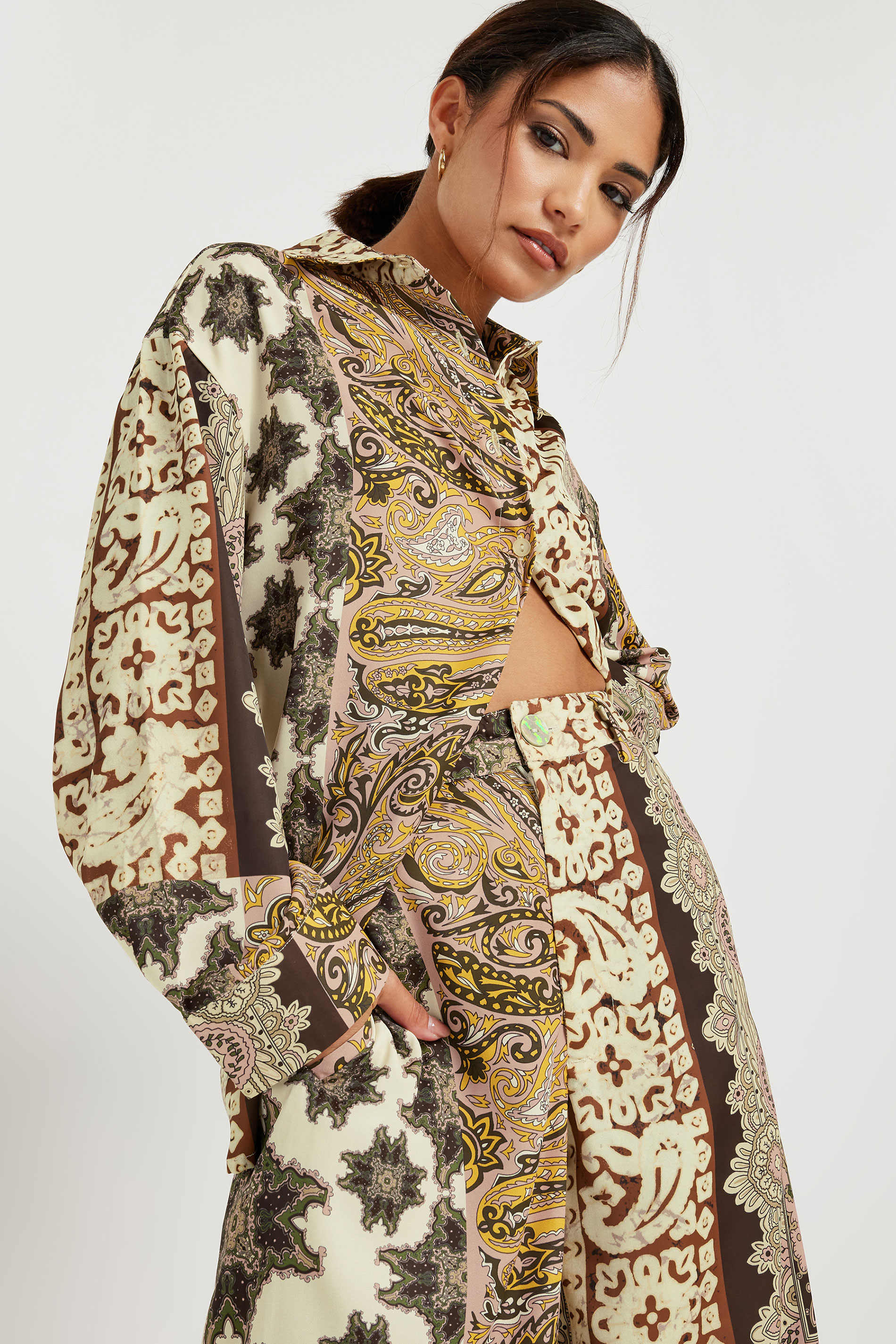 PixieGirl Petite Women's Beige Brown Patchwork Wide Leg Trousers | PixieGirl 5