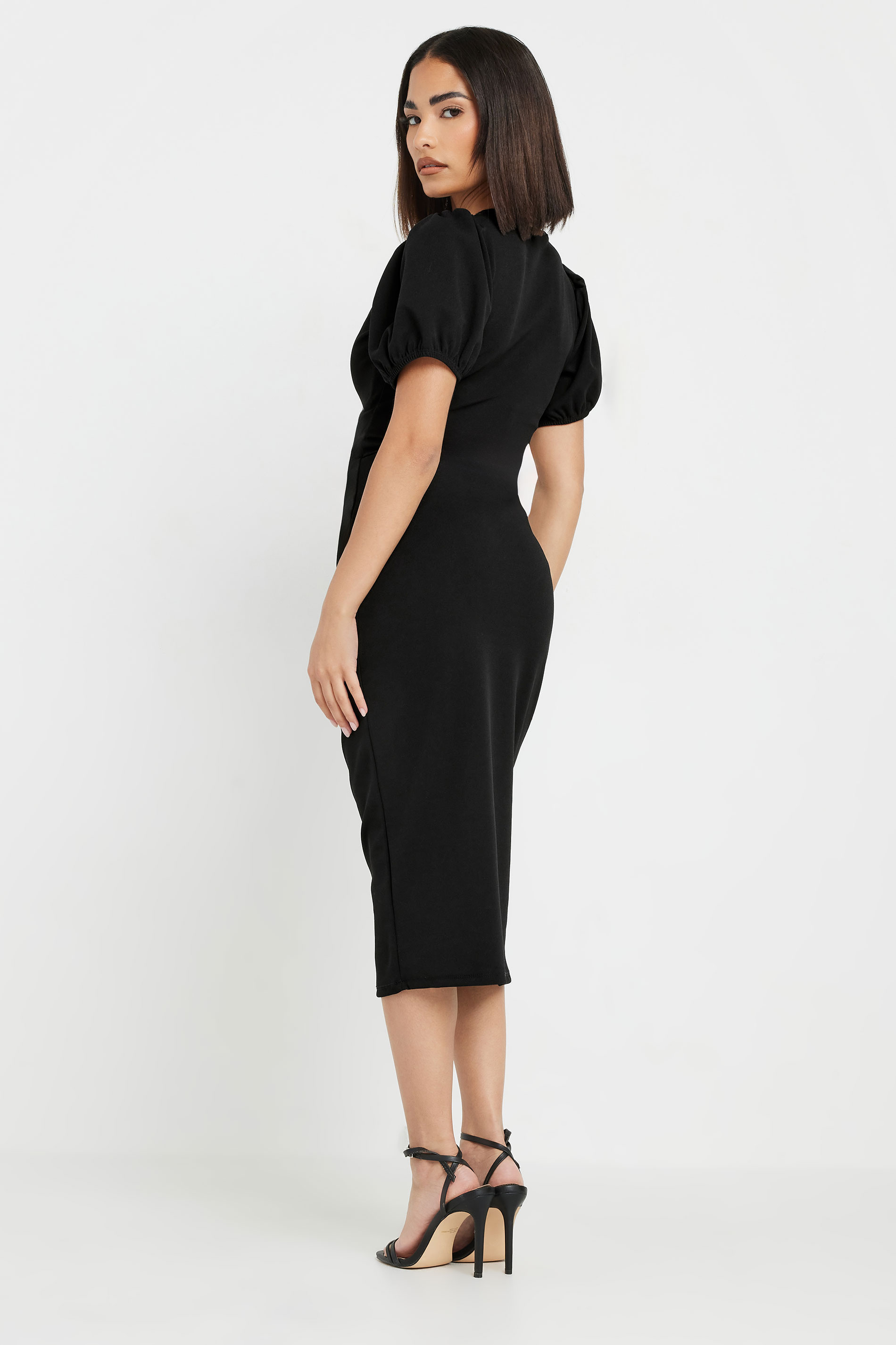 PixieGirl Petite Women's Black Puff Sleeve Midi Dress | PixieGirl 4