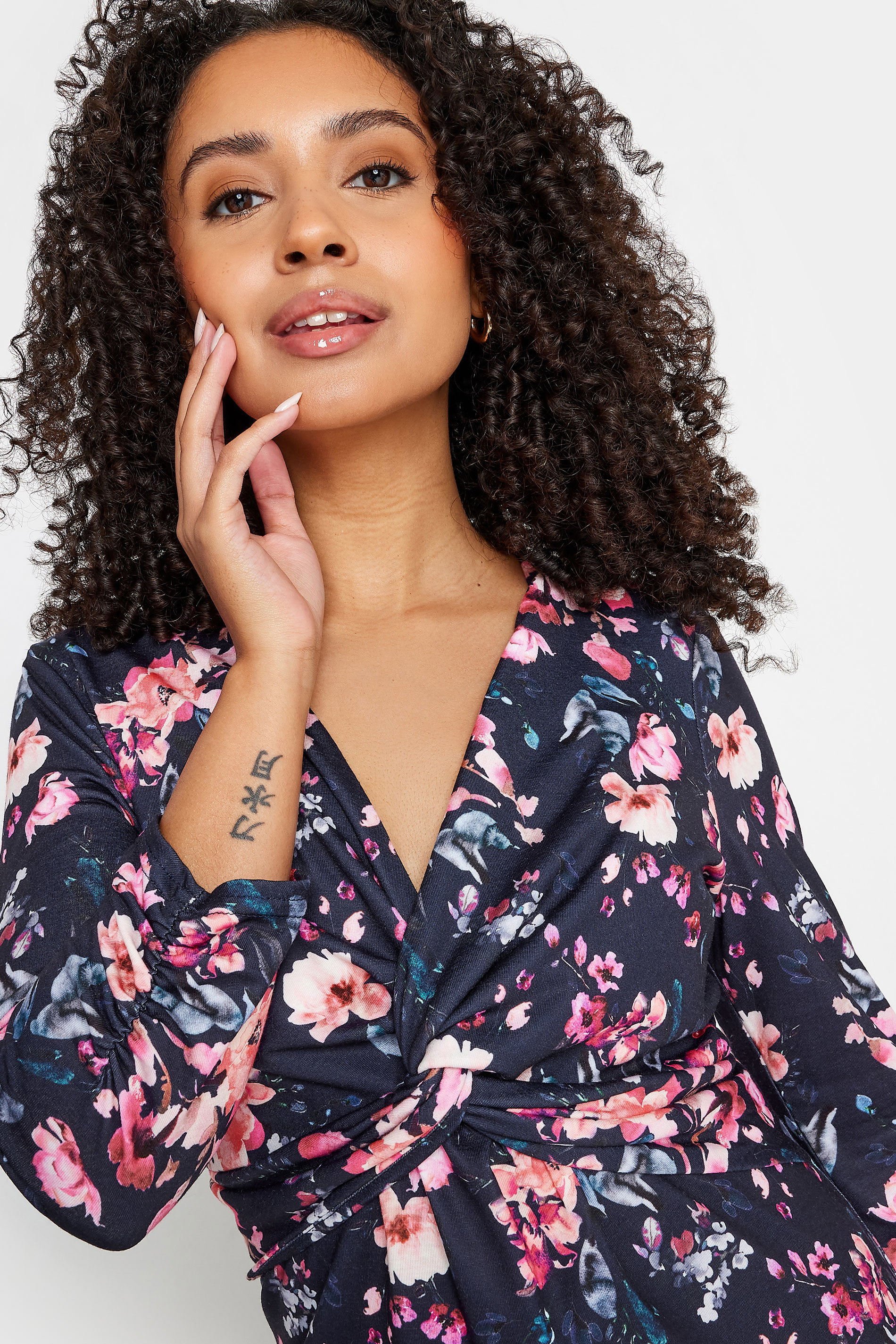 M&Co Petite Navy Blue Floral Twist Front Top | M&Co 4