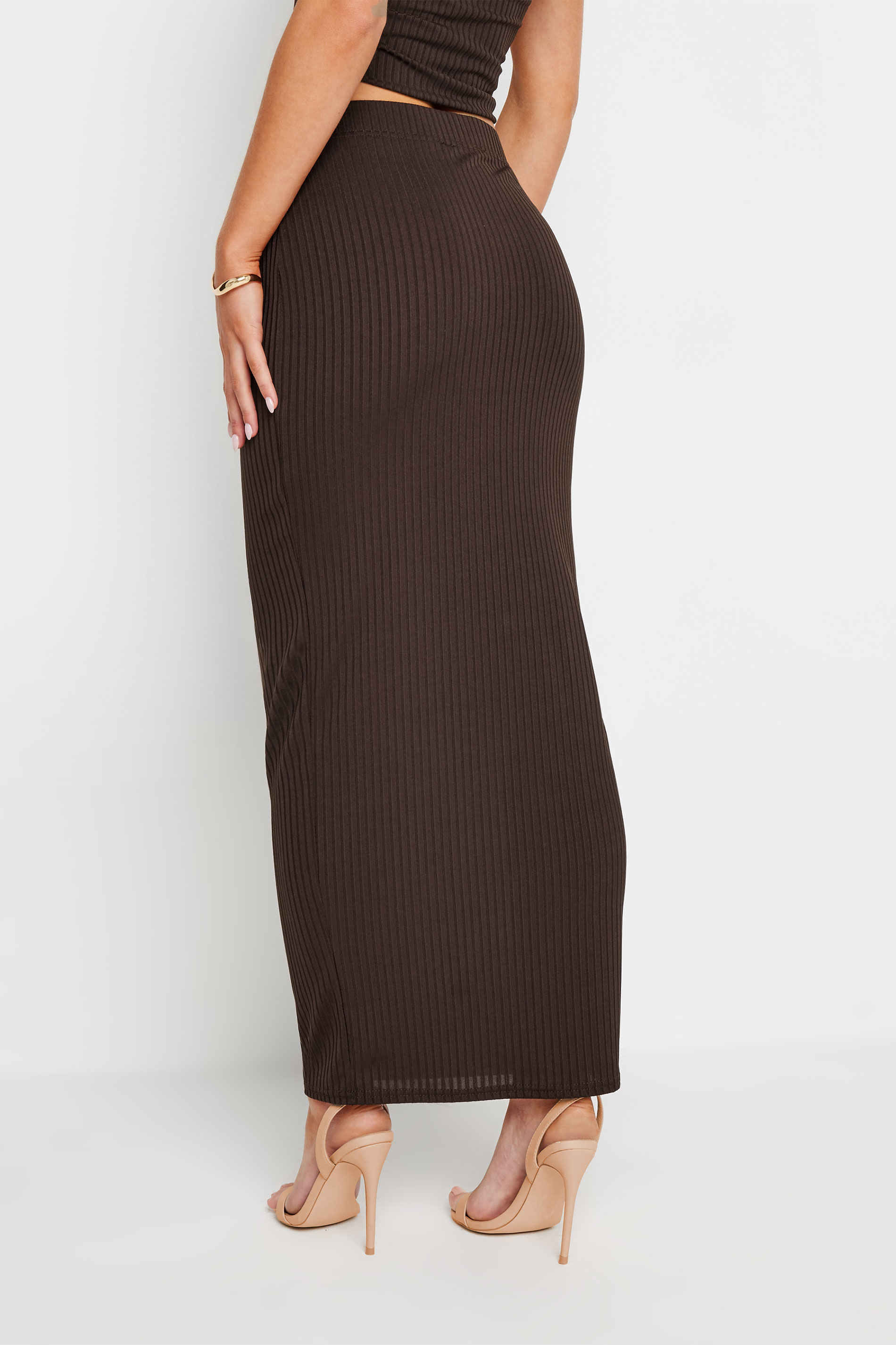 PixieGirl Petite Women's Chocolate Brown Ribbed Maxi Tube Skirt | PixieGirl 3