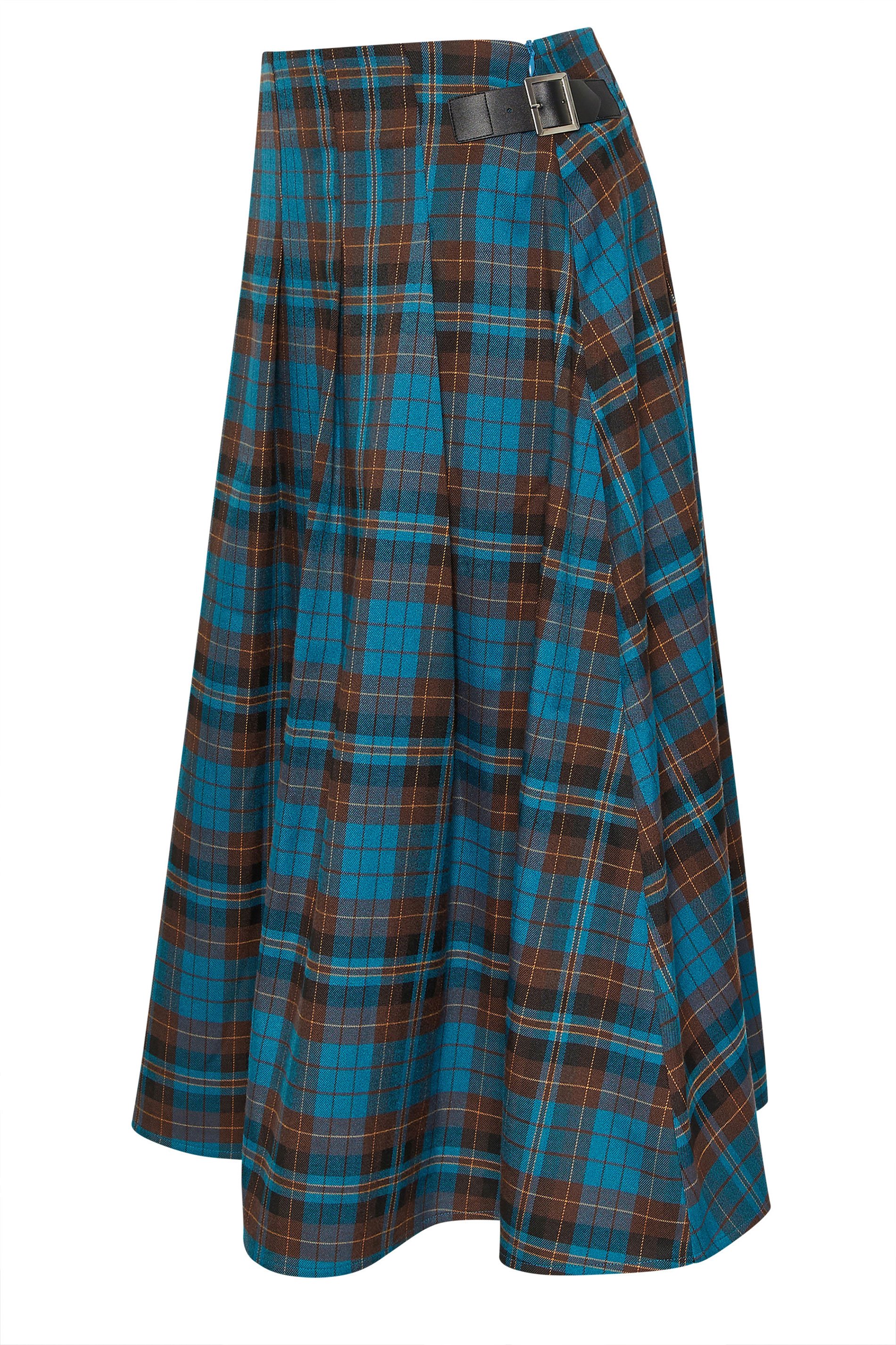 PixieGirl Petite Women's Brown & Blue Check Buckle Midi Skirt | PixieGirl 5
