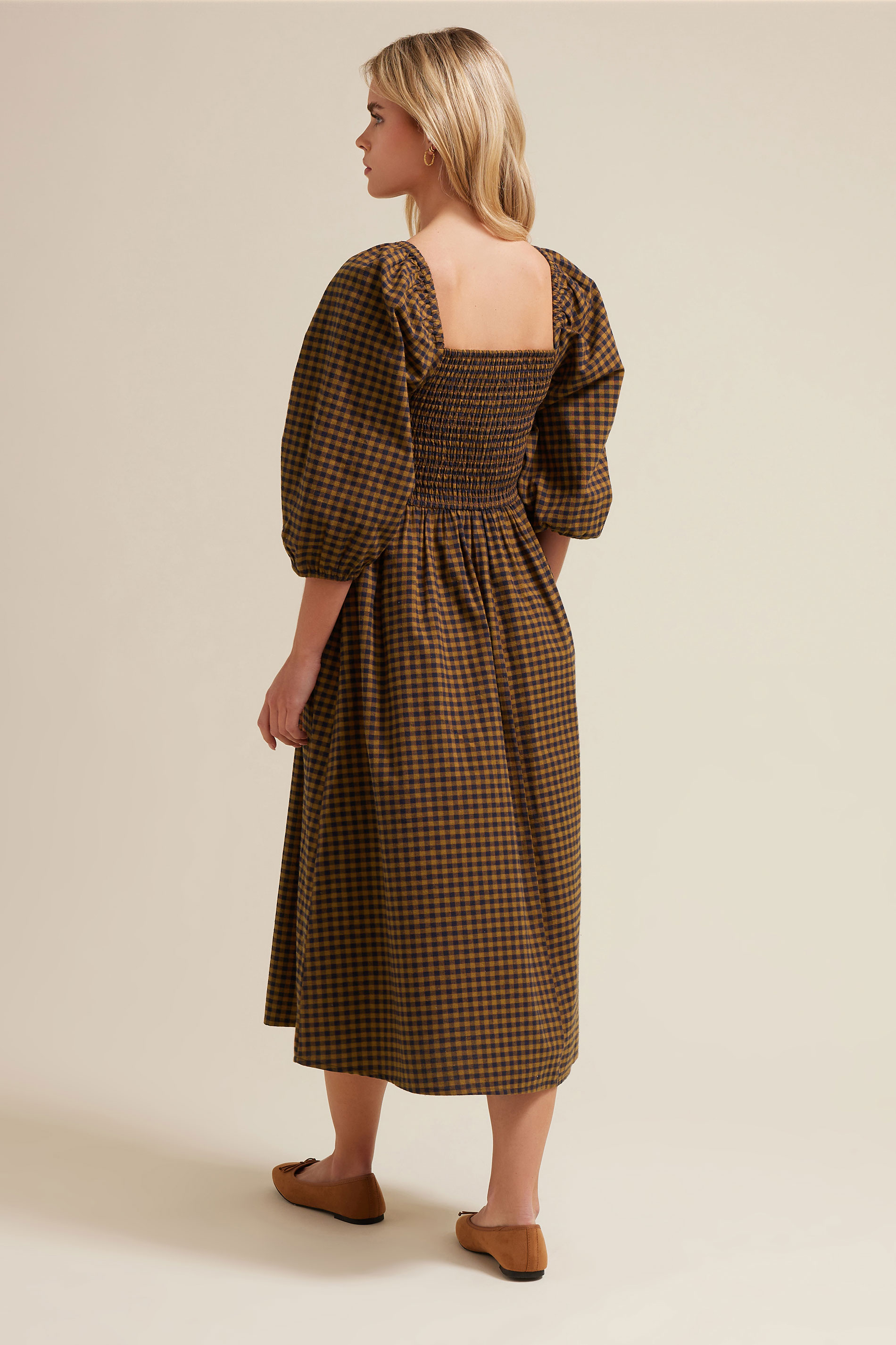 PixieGirl Petite Women's Brown Gingham Puff Sleeve Midi Dress | PixieGirl 5