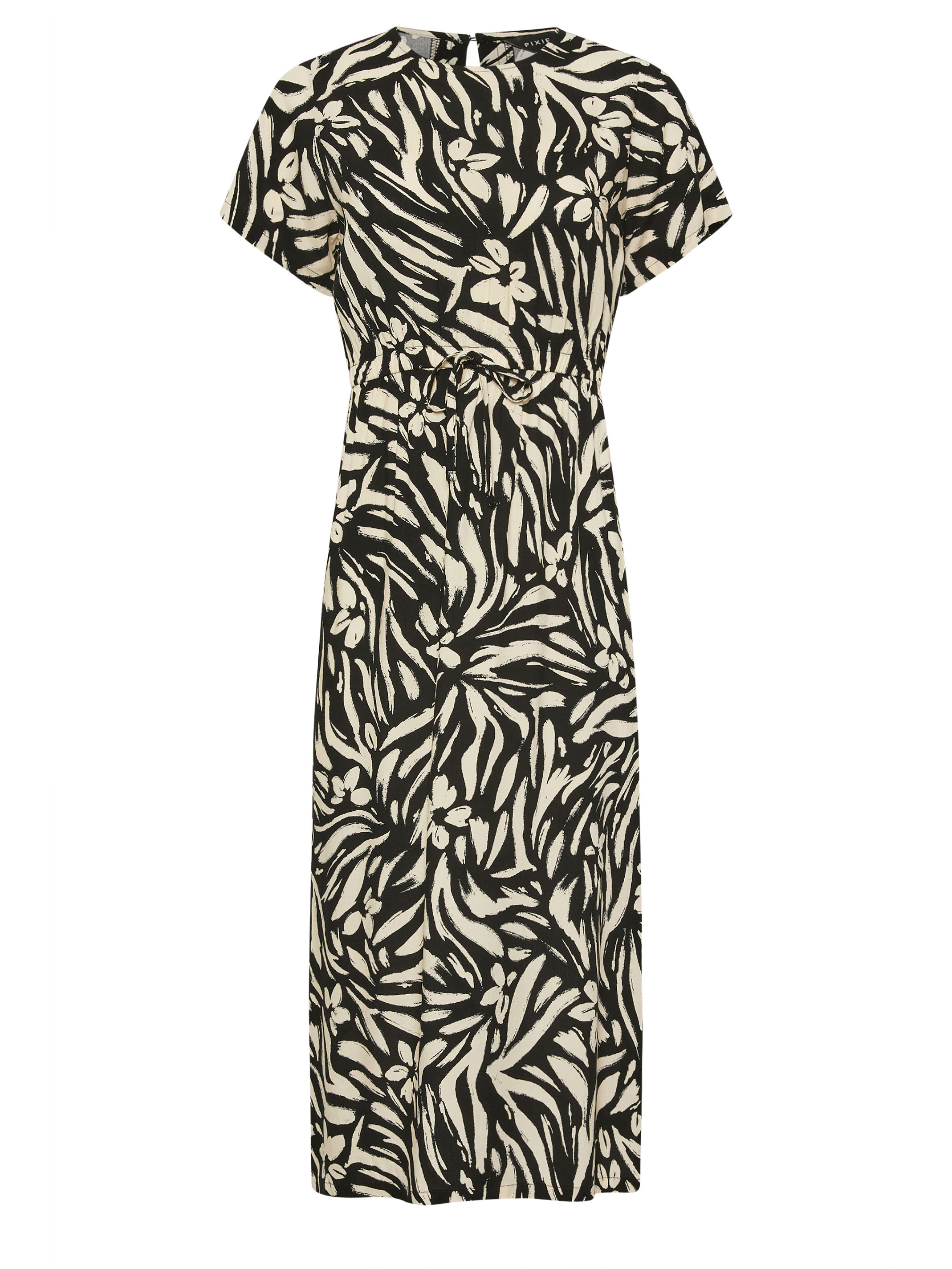 PixieGirl Petite Women's Black Abstract Print Tie Waist Midi Dress | PixieGirl  5