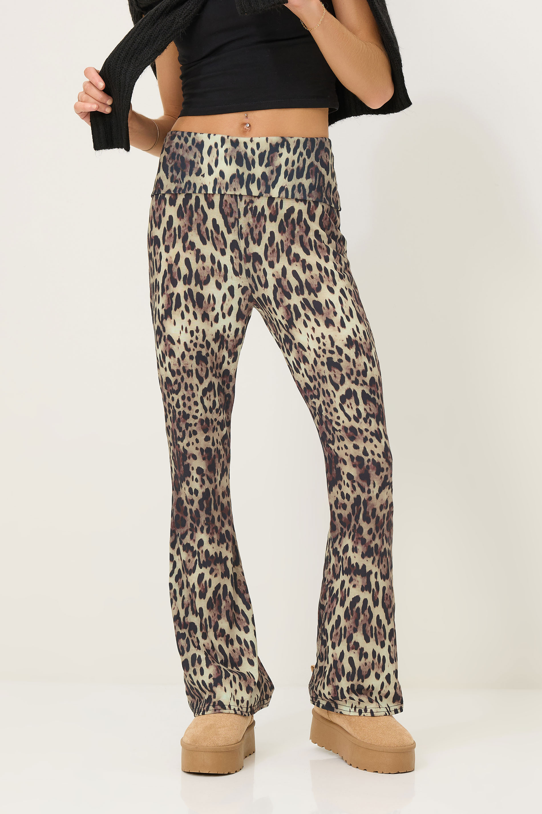 PixieGirl Petite Women's Natural Brown Leopard Print Fold Over Leggings 2