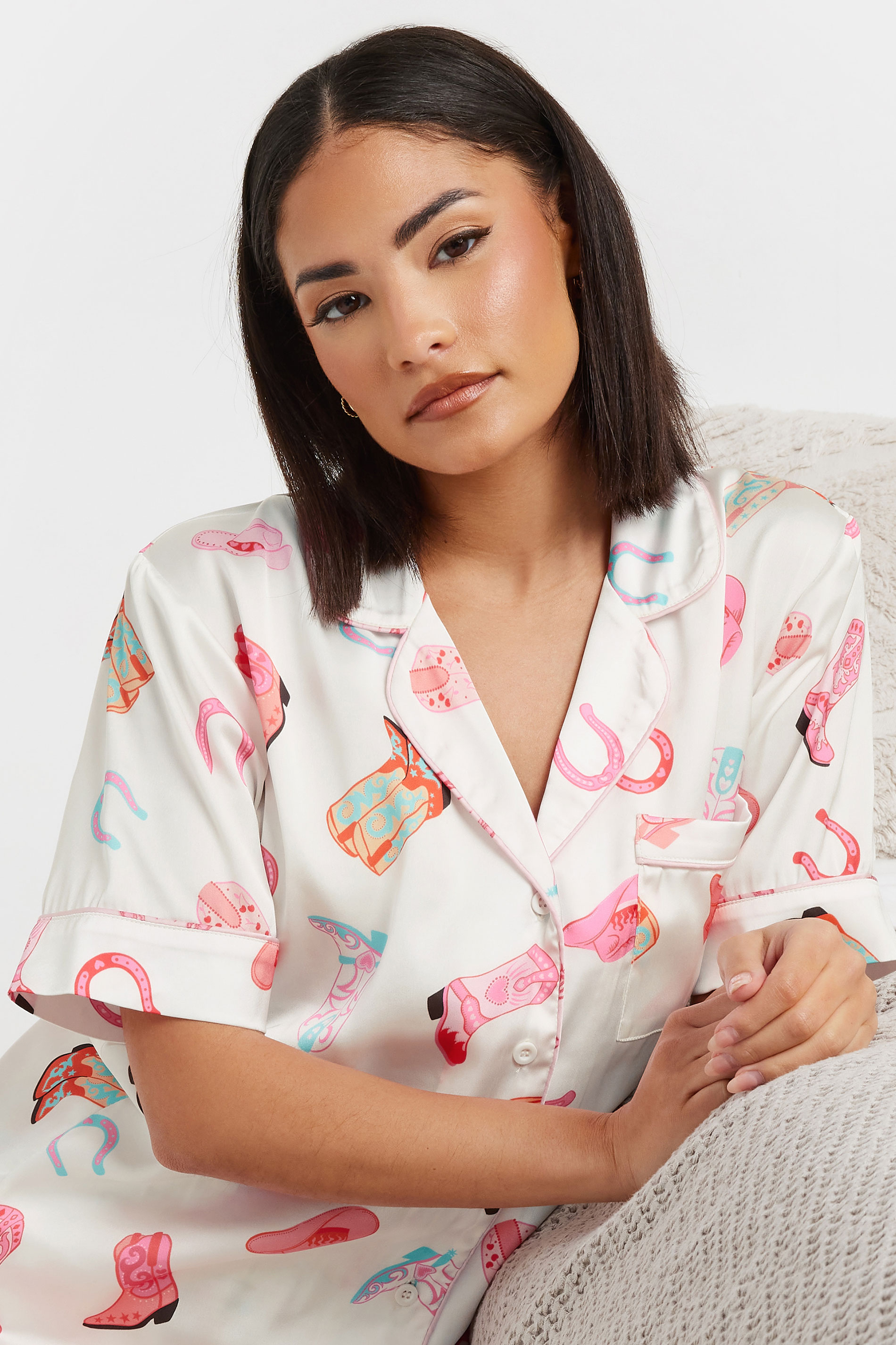 PixieGirl Petite Women's White Satin Cowboy Graphic Short Pyjama Set | PixieGirl 4