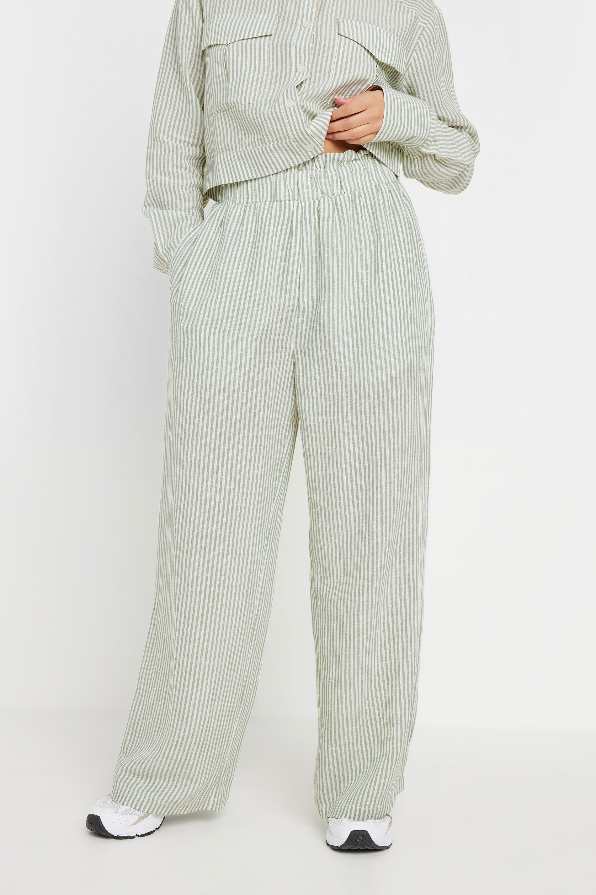 PixieGirl Petite Women's Green Linen Striped Wide Leg Trousers | PixieGirl 3