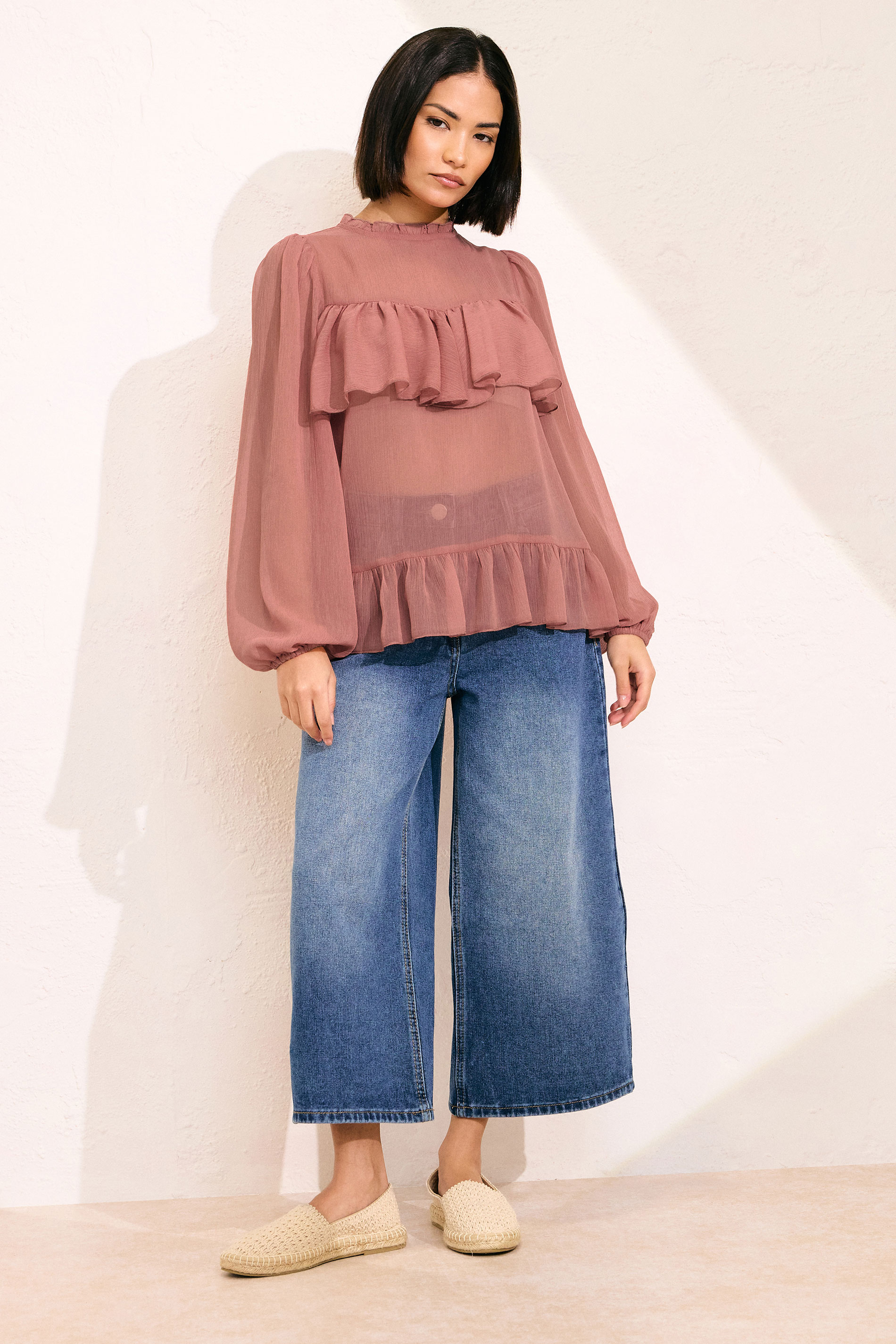 PixieGirl Petite Women's Coral Pink Chiffon Frill Blouse | PixieGirl 5