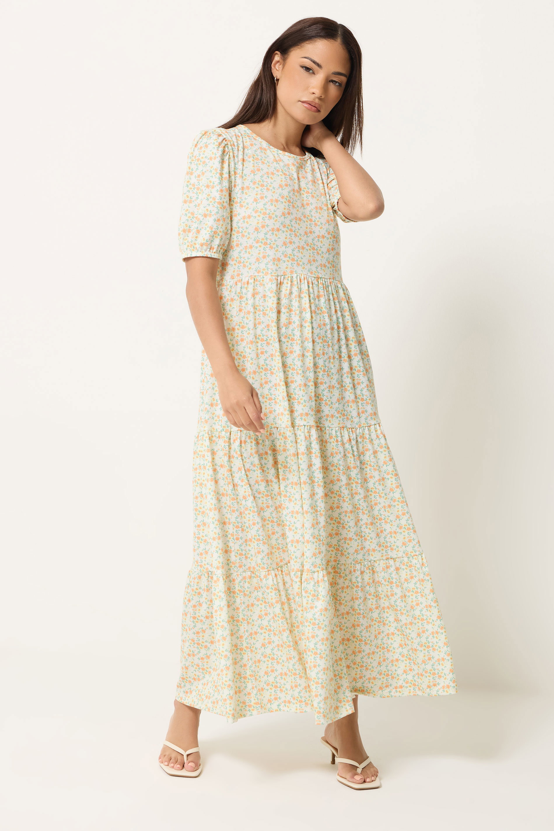 PixieGirl Petite Women's Orange Ditsy Floral Tiered Maxi Dress | PixieGirl 3