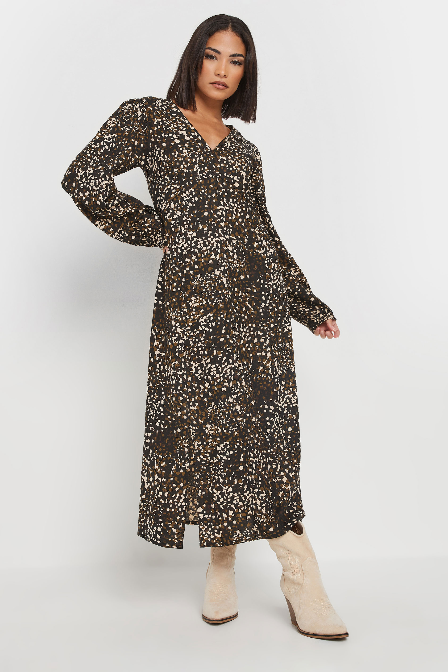 PixieGirl Petite Women's Brown Abstract Spot Midi Tea Dress | PixieGirl 2