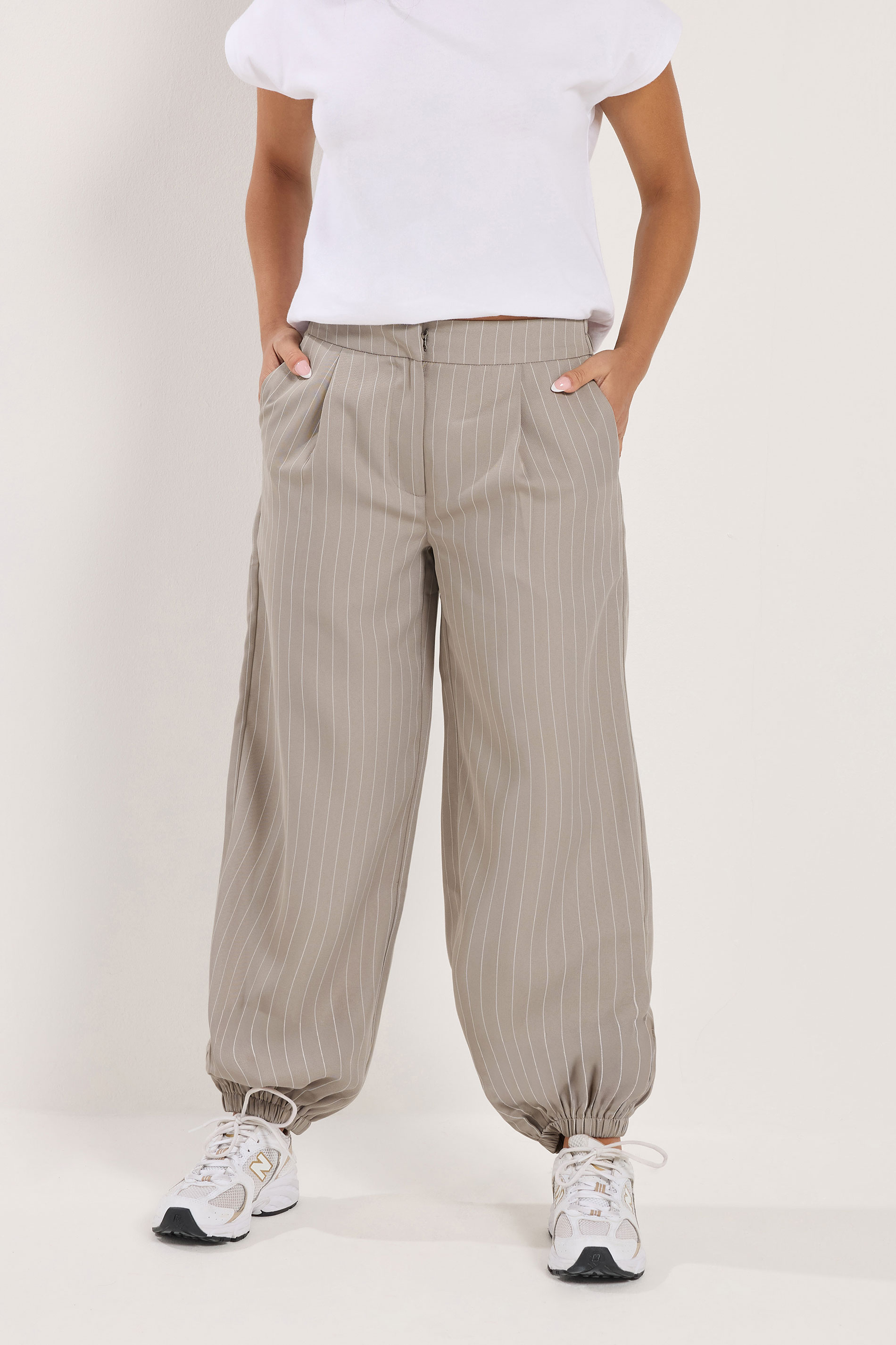PixieGirl Petite Women's Grey Pinstripe Balloon Trousers | PixieGirl 1