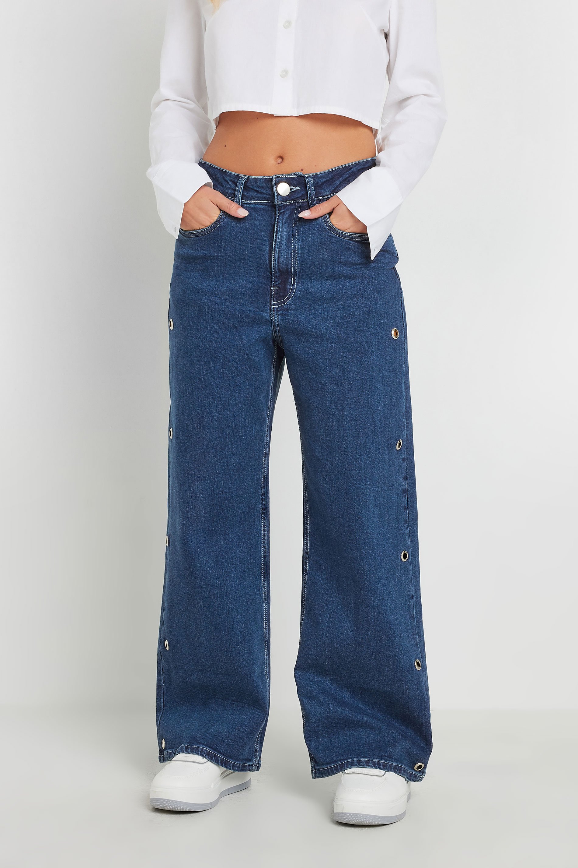 PixieGirl Petite Women's Blue Eyelet Detail Wide Leg Jeans | PixieGirl 2