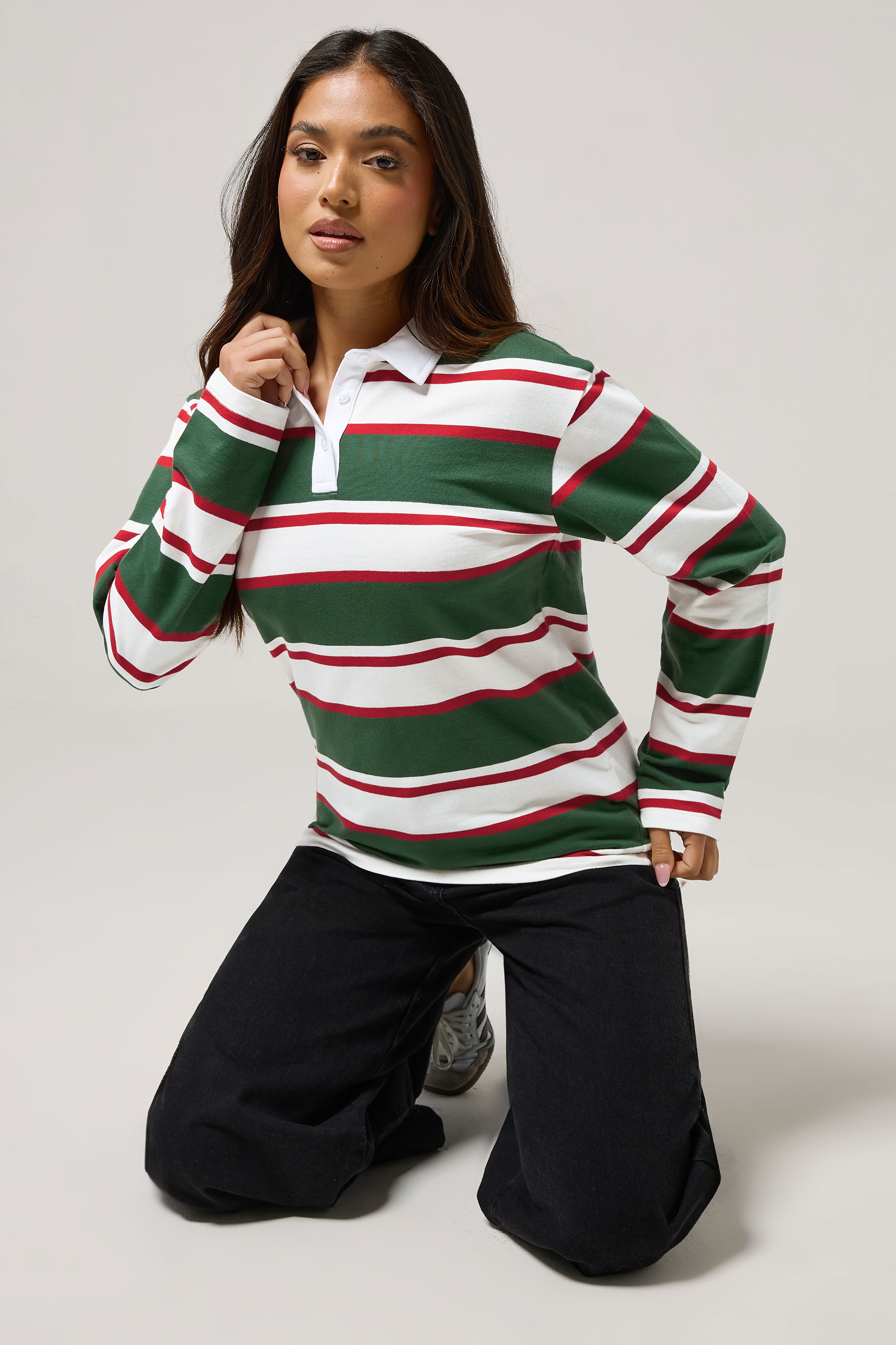 PixieGirl Petite Women's Green & Red Striped Rugby T-Shirt | PixieGirl 1