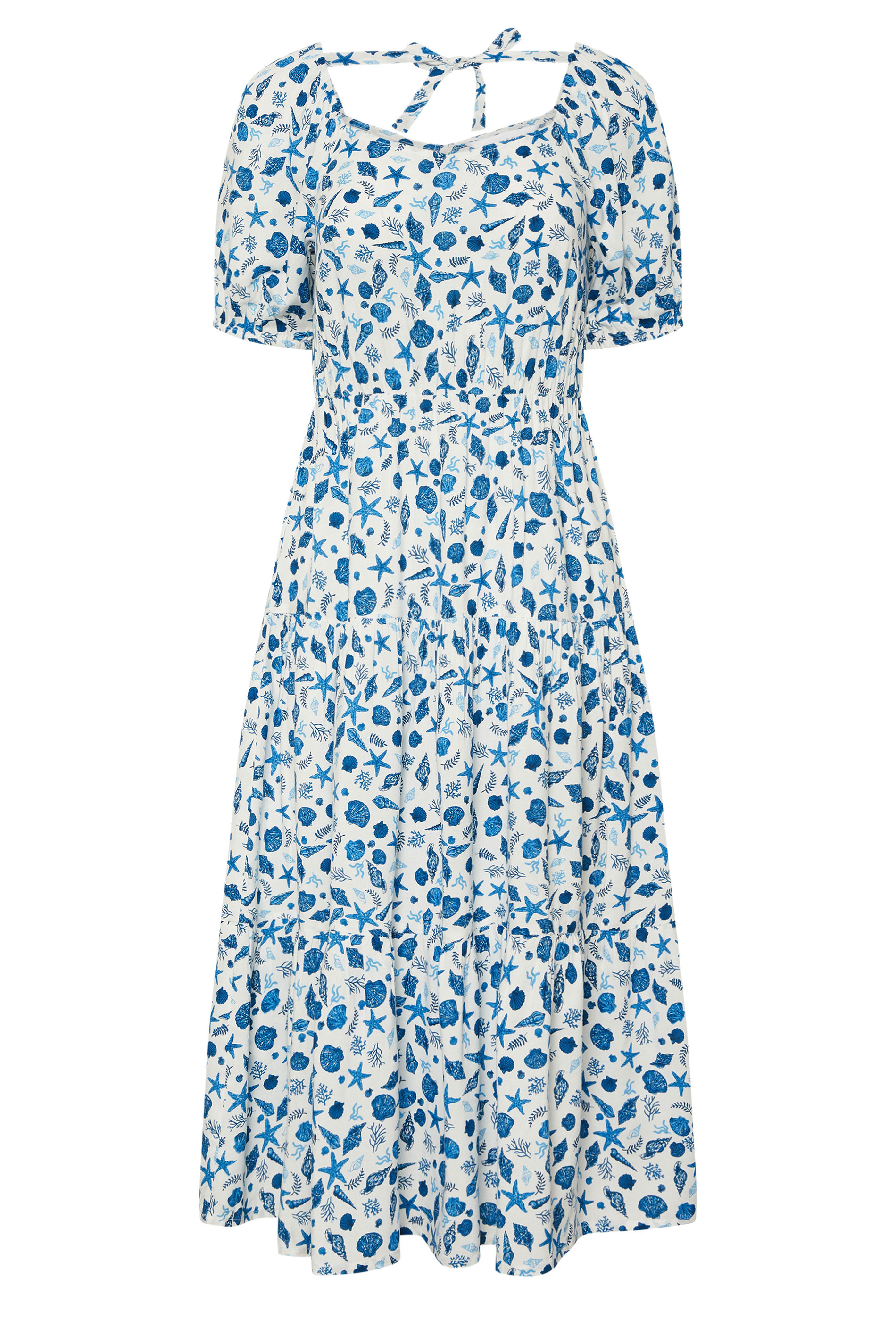 PixieGirl Petite Women's White Seashell Graphic Puff Sleeve Midi Dress | PixieGirl 7