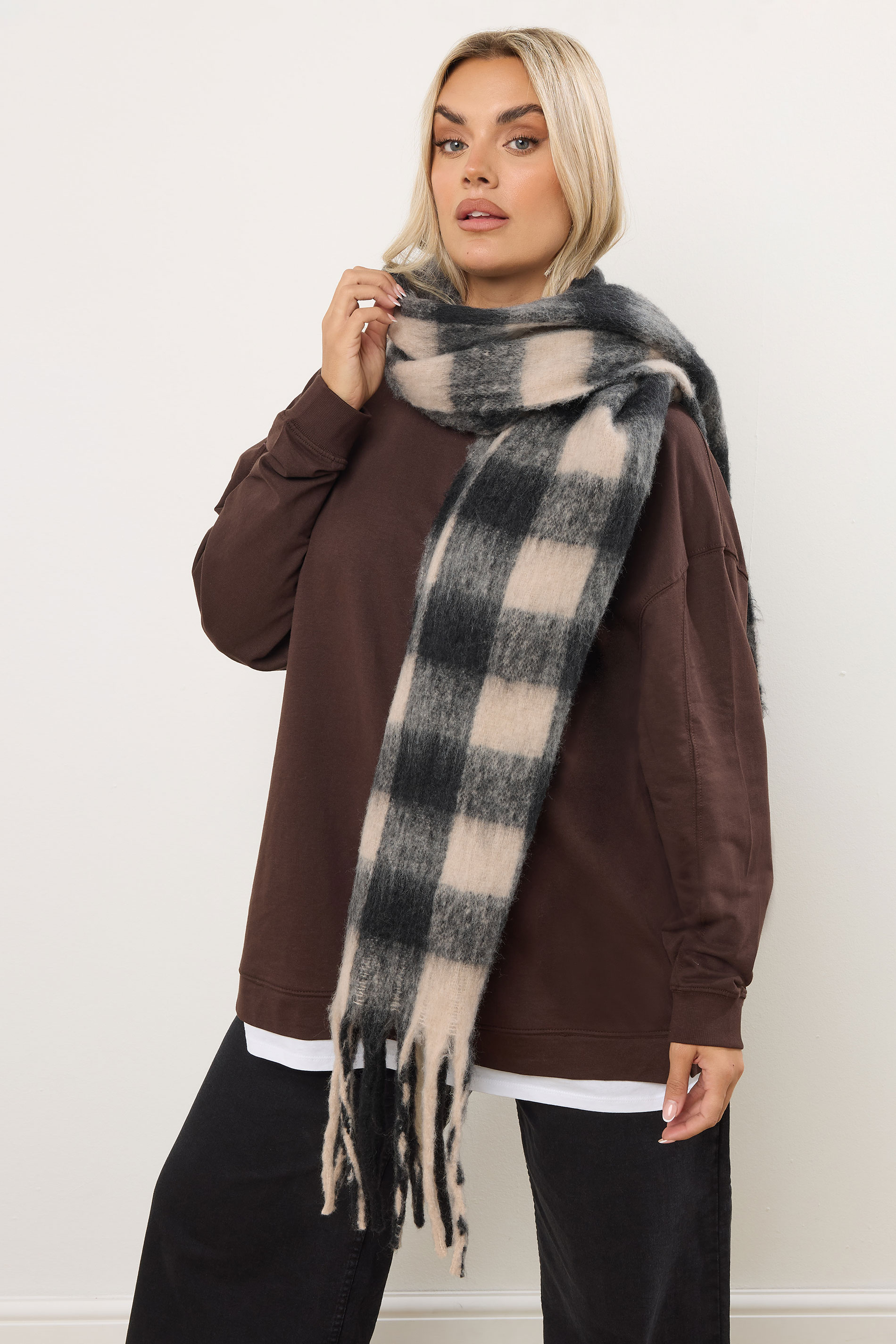 Black Checked Soft Touch Scarf | Yours Clothing 1