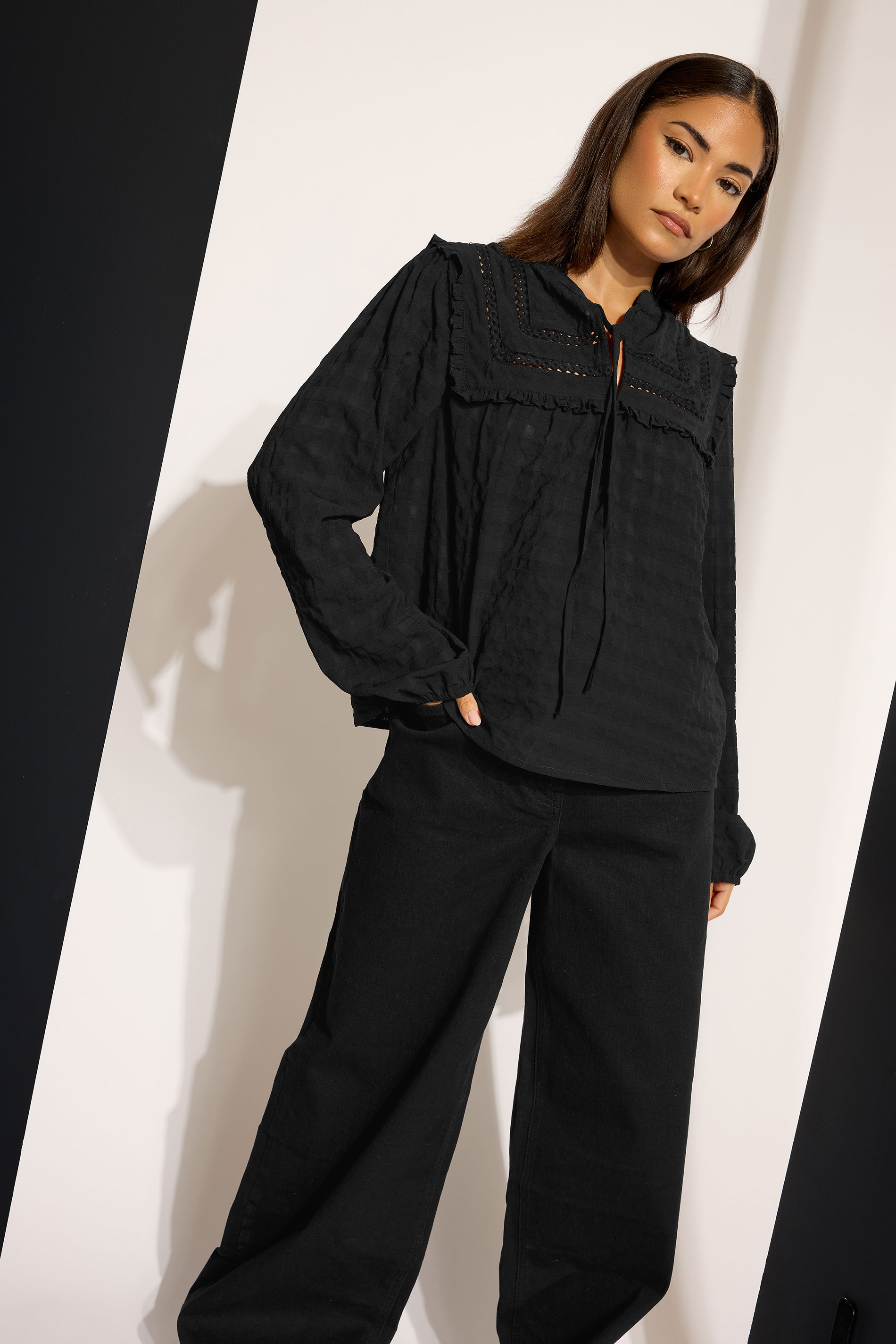 PixieGirl Petite Women's Black Crinkle Crochet Tie Neck Blouse | PixieGirl 1