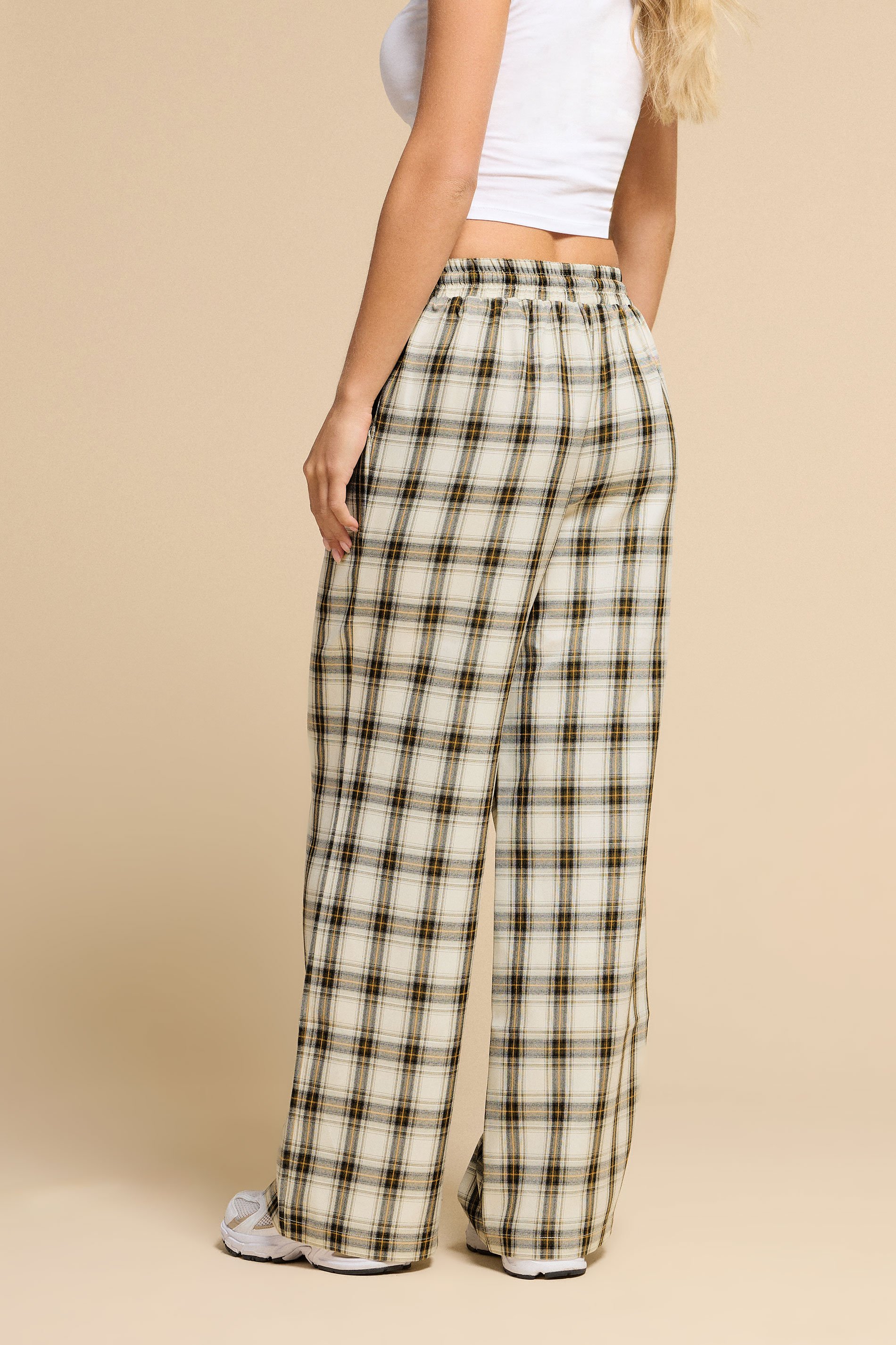 PixieGirl Petite Women's Natural Brown Check Wide Leg Trousers | PixieGirl 3