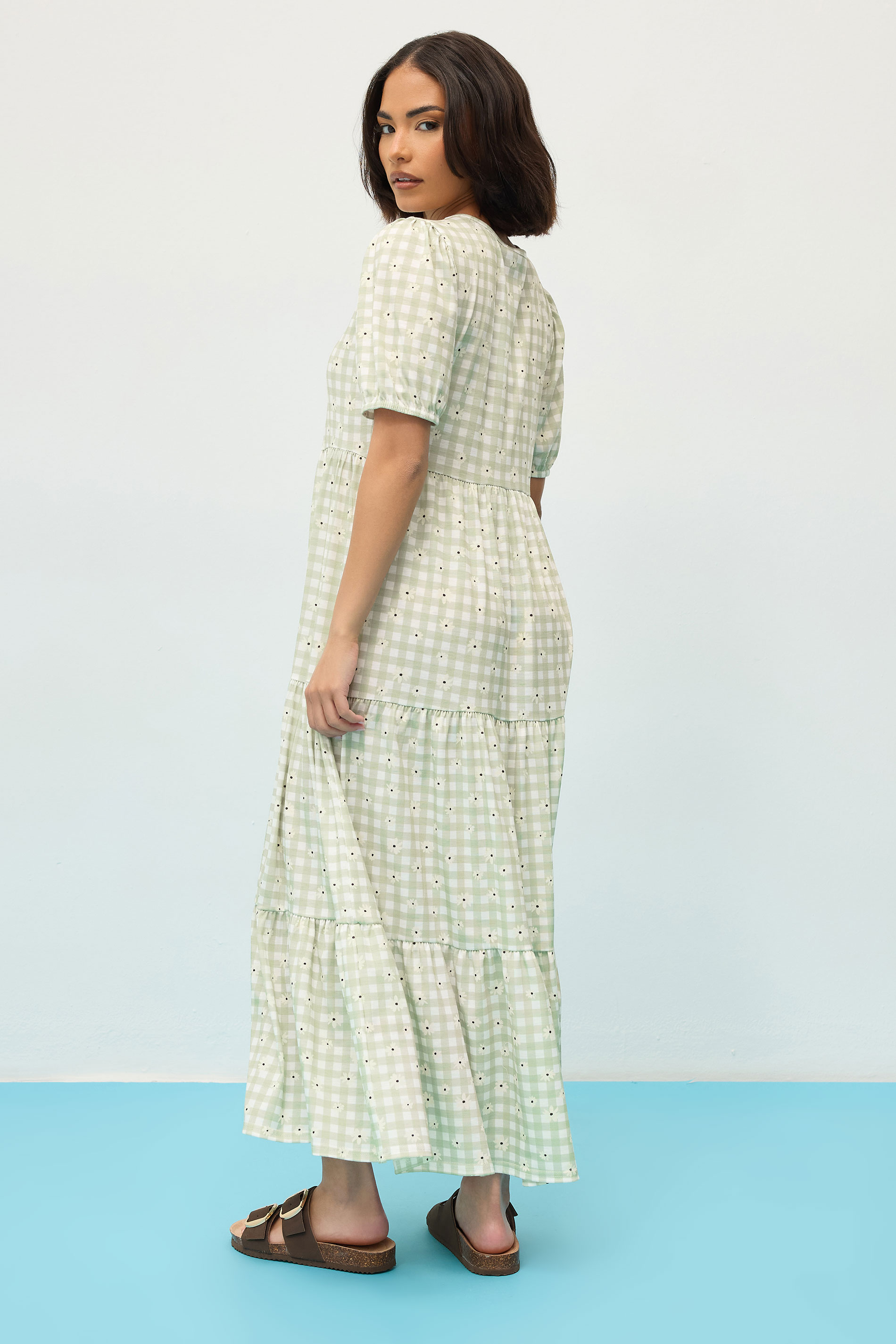 PixieGirl Petite Women's Sage Green Daisy Gingham Tiered Smock Dress | PixieGirl 4