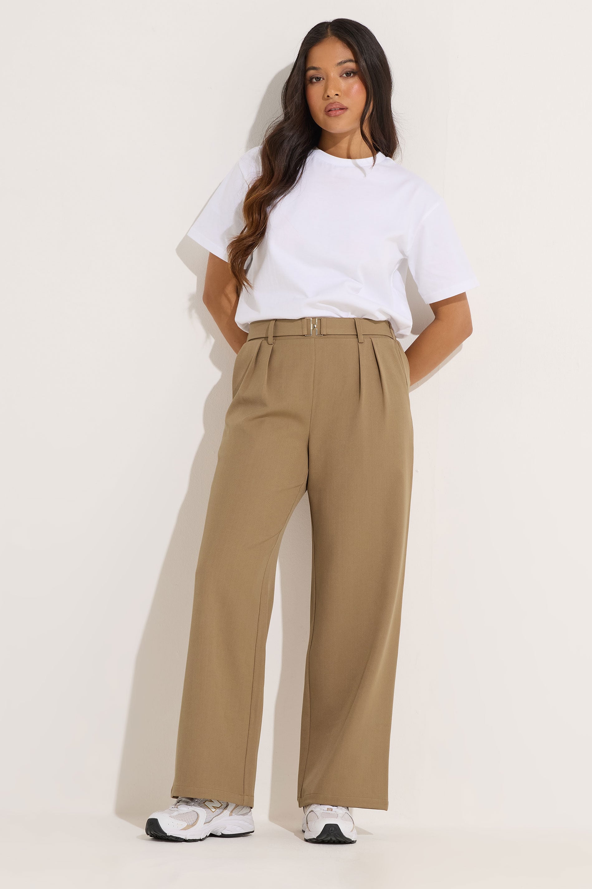 PixieGirl Petite Women's Natural Brown Buckle Wide Leg Trousers | PixieGirl 1