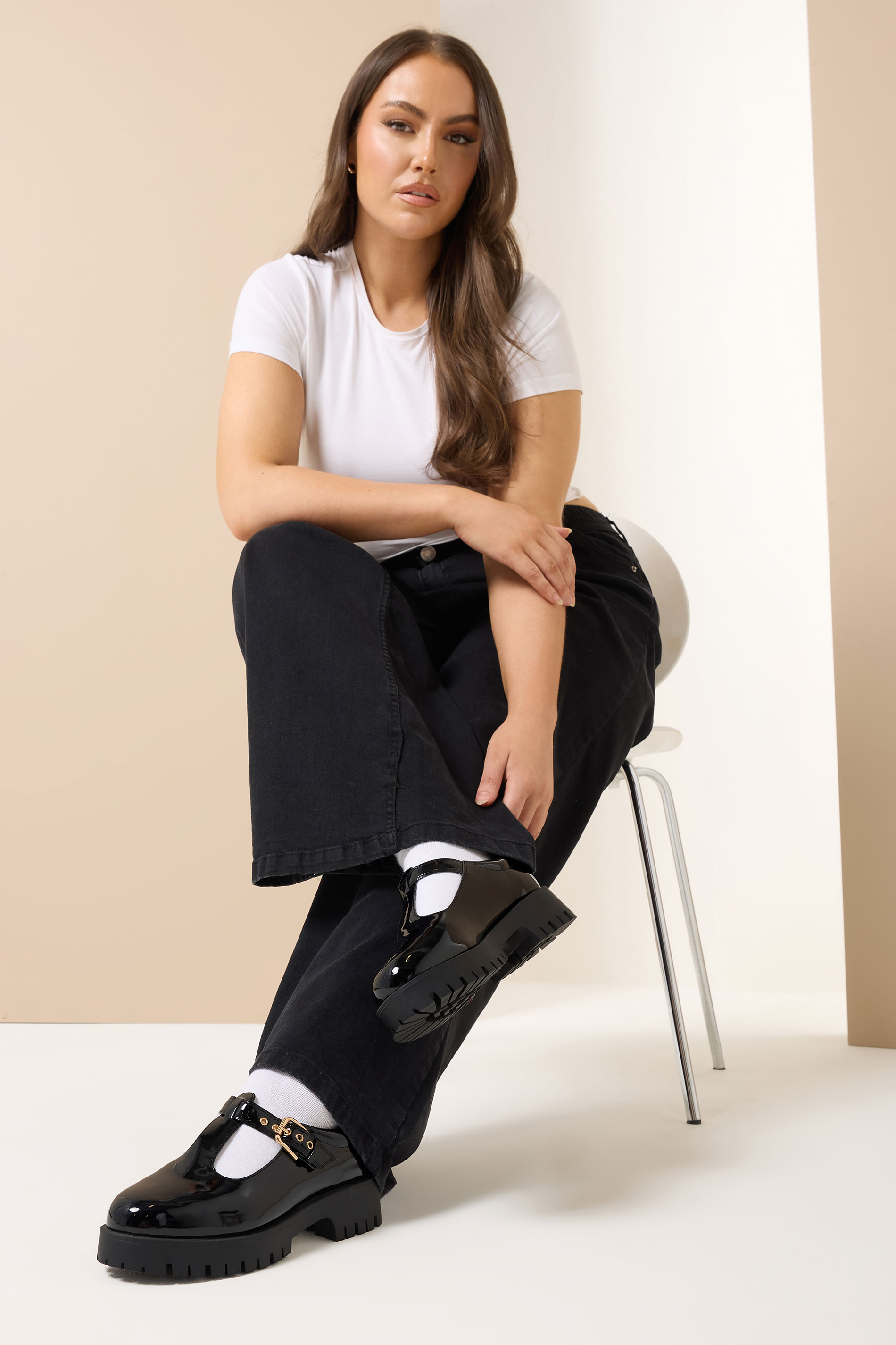 Black Patent Chunky T-Bar Mary Janes In Extra Wide EEE Fit | Yours Clothing 1