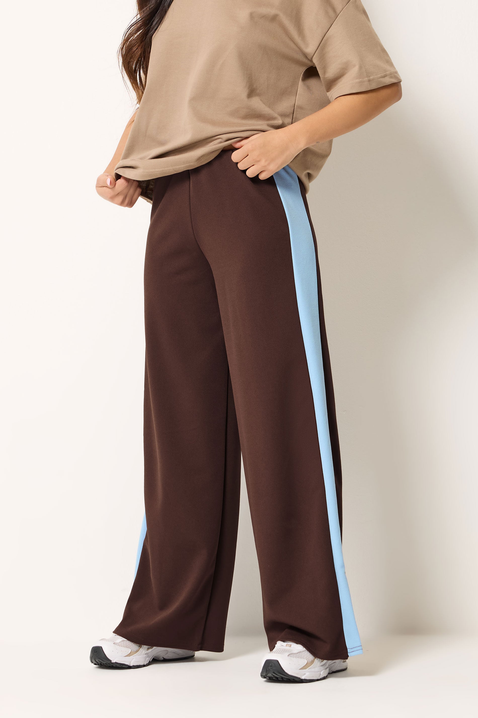 PixieGirl Petite Women's Chocolate Brown Side Stripe Scuba Wide Leg Trousers | PixieGirl 1