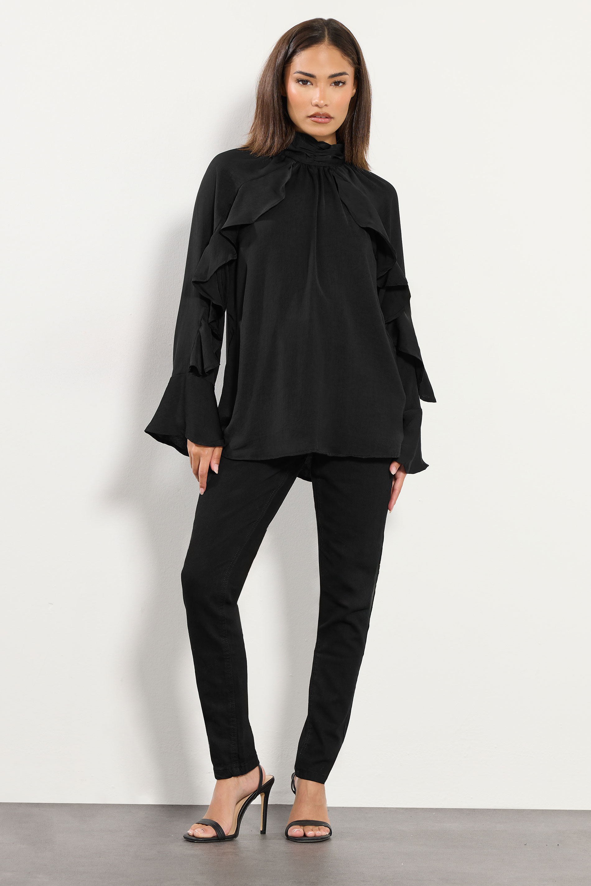 PixieGirl Petite Women's Black Satin Frill Blouse | PixieGirl 2