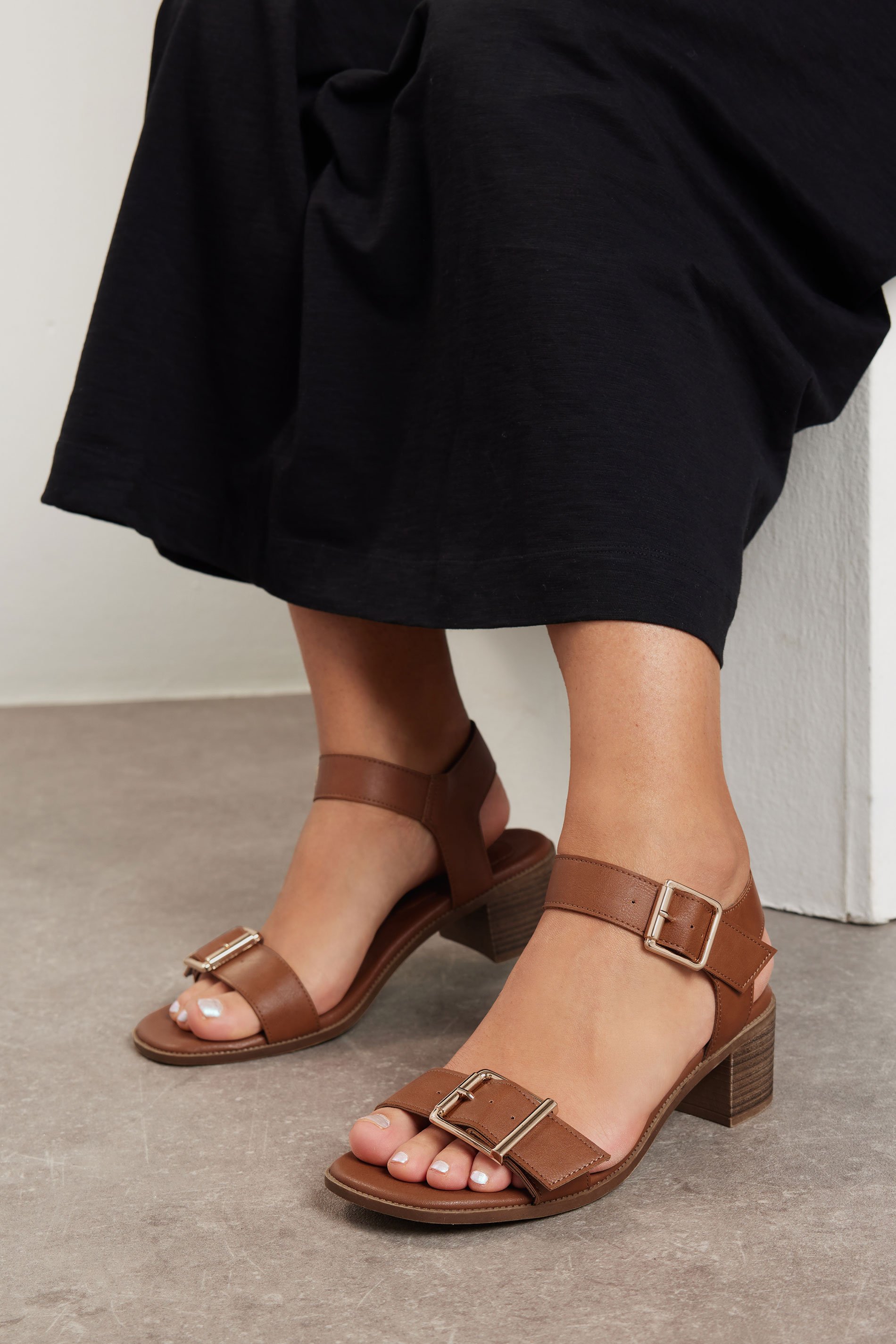 Brown Faux Leather Buckle Block Heel Sandals In Extra Wide EEE Fit | Yours Clothing 1