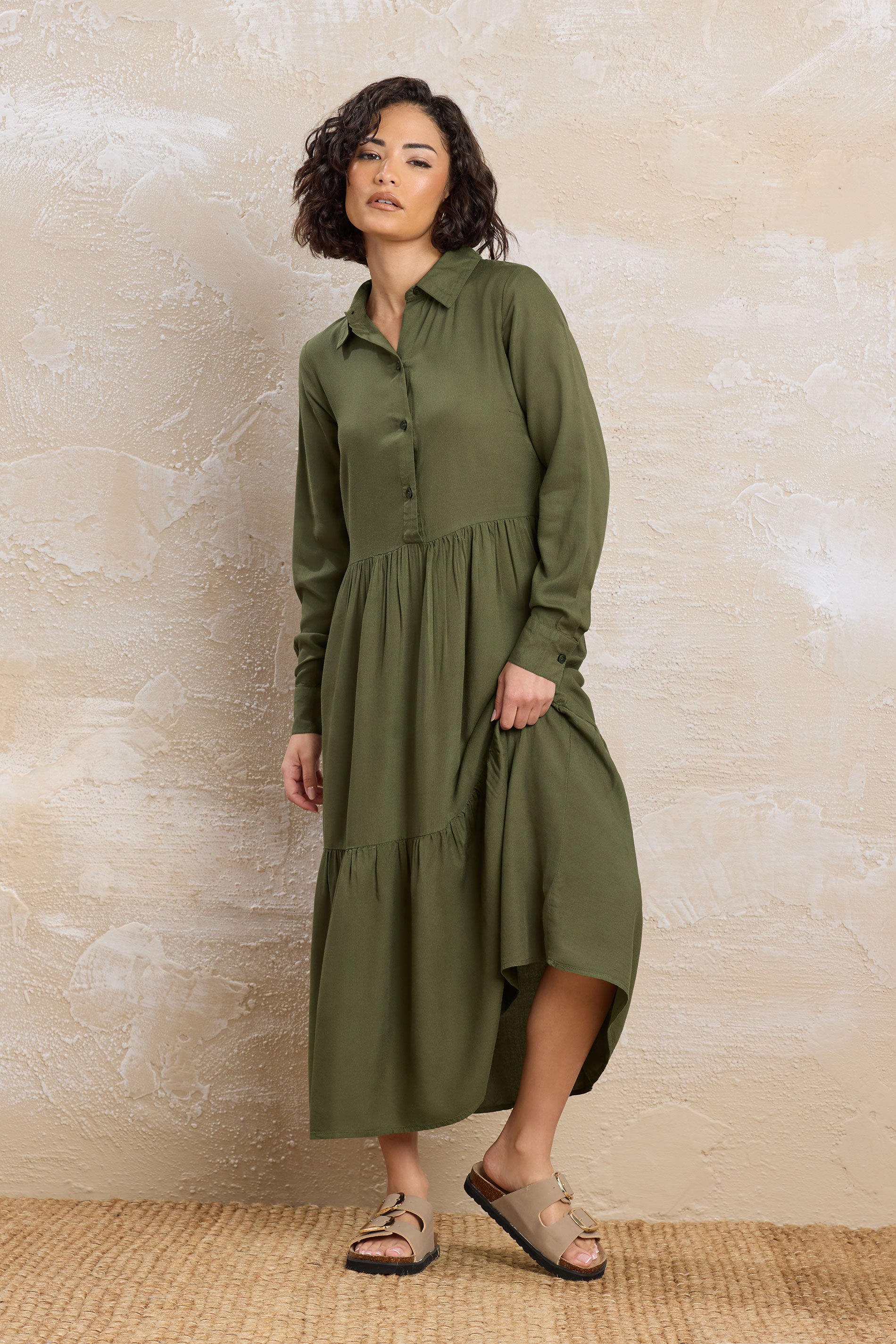 PixieGirl Petite Women's Khaki Green Sleeved Smock Dress | PixieGirl 1