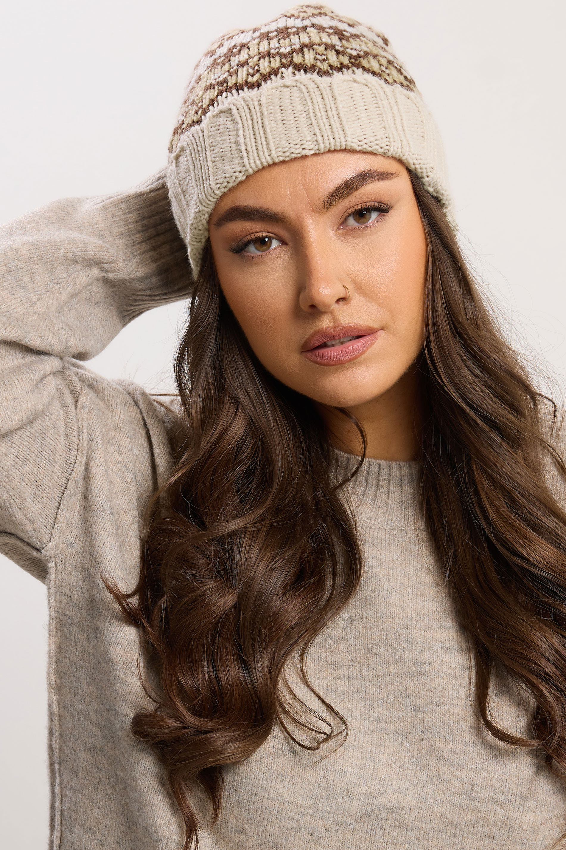 Natural Brown Fairisle Beanie Hat | Yours Clothing 1