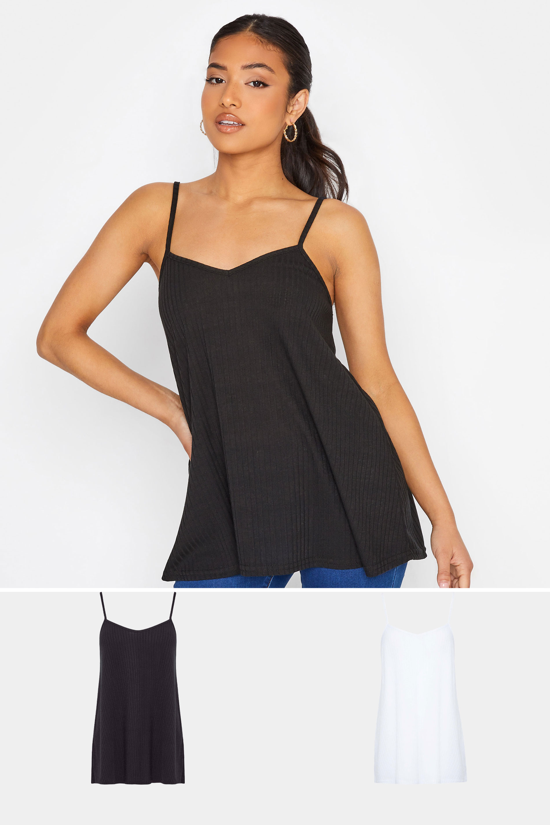 PixieGirl 2 PACK Petite Women's Black & White Ribbed Swing Vest Tops | PixieGirl 1