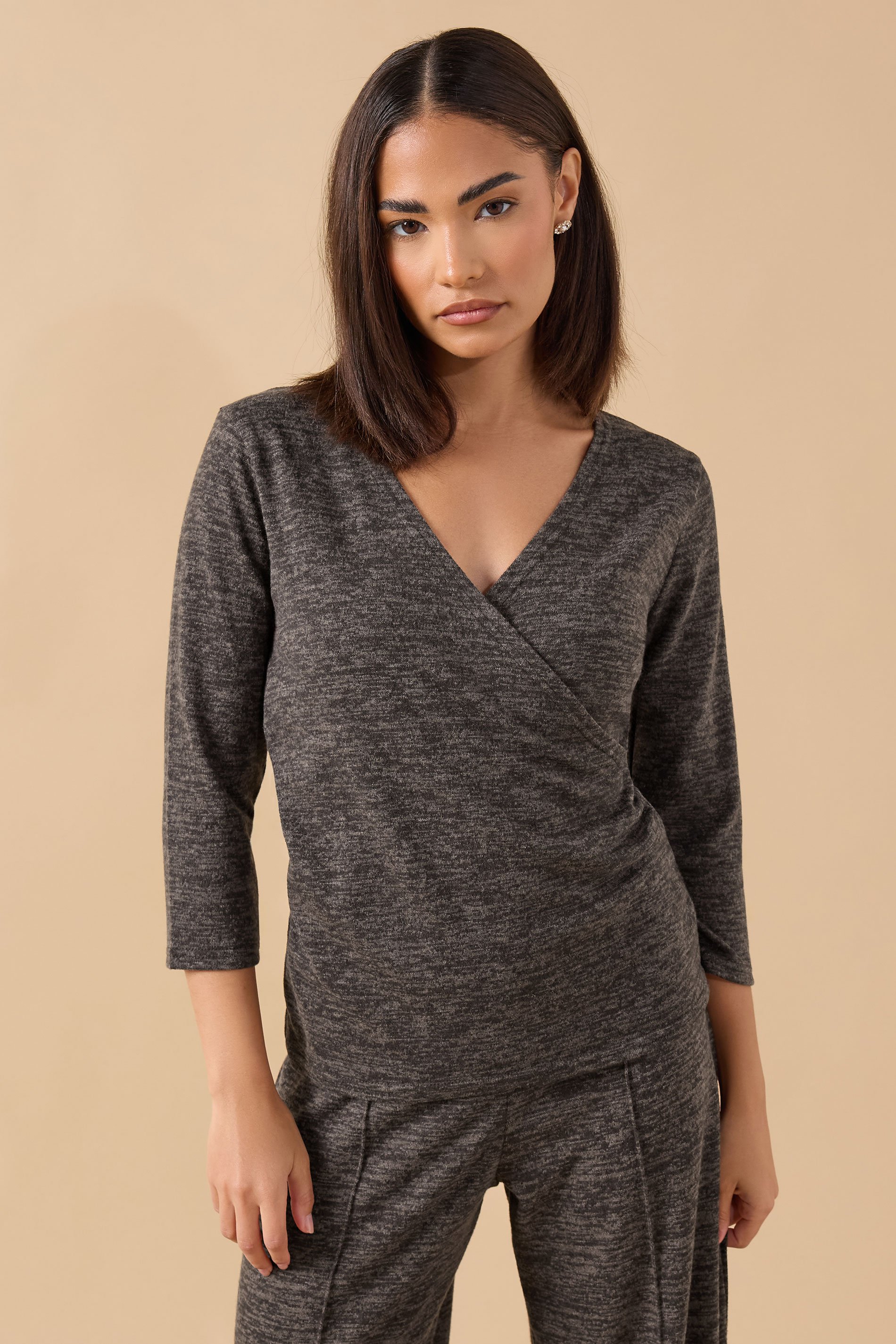 PixieGirl Petite Women's Chocolate Brown Marl Wrap Top | PixieGirl 1