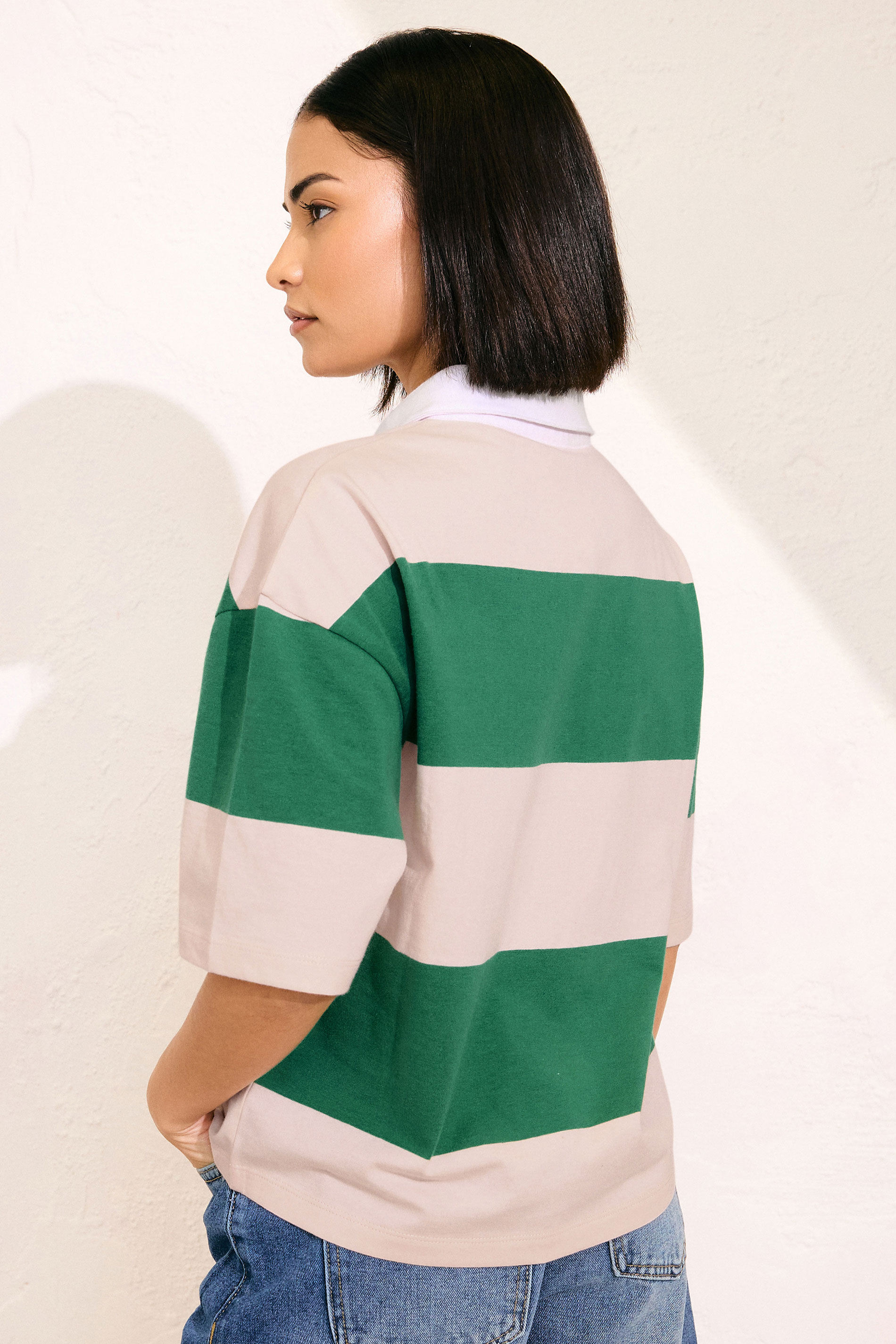 PixieGirl Petite Women's Green & Pink Cotton Striped Rugby Collar T-Shirt | PixieGirl 6